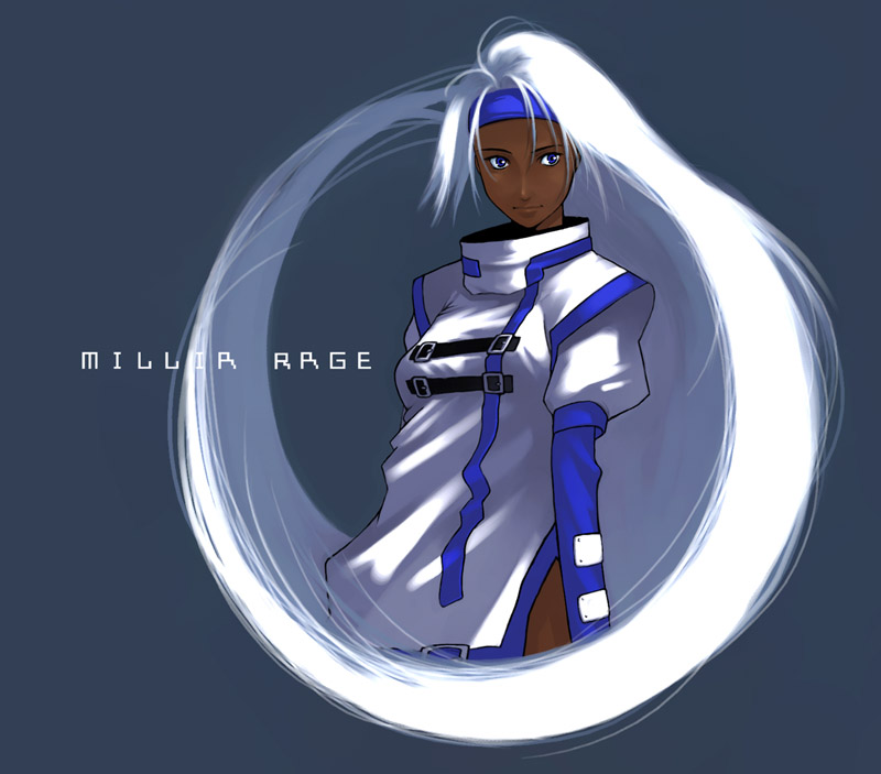 g-room honten, millia rage, arc system works, guilty gear, no legs, 1girl, alternate color, alternate hair color, blue eyes, character name, dark-skinned female, dark skin, female focus, headband, long hair, simple background, solo, very long hair, white hair