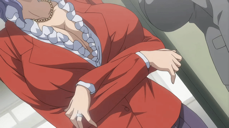 daimon naoko, kagurazaka yui, kyonyuu hitozuma onna kyoushi saimin, t-rex (animation studio), animated, animated gif, tagme, 10s, 1boy, 2016, 2girls, breasts, cleavage, collar, collarbone, crossed arms, curvy, dress shirt, formal clothes, frilled shirt collar, frills, glasses, huge breasts, indoors, jewelry, large breasts, lipstick, long hair, long sleeves, makeup, mature female, multiple girls, necklace, older female and younger female, pearl necklace, principal, principal and student, purple hair, red shirt, ring, shirt, standing, suit, wedding ring