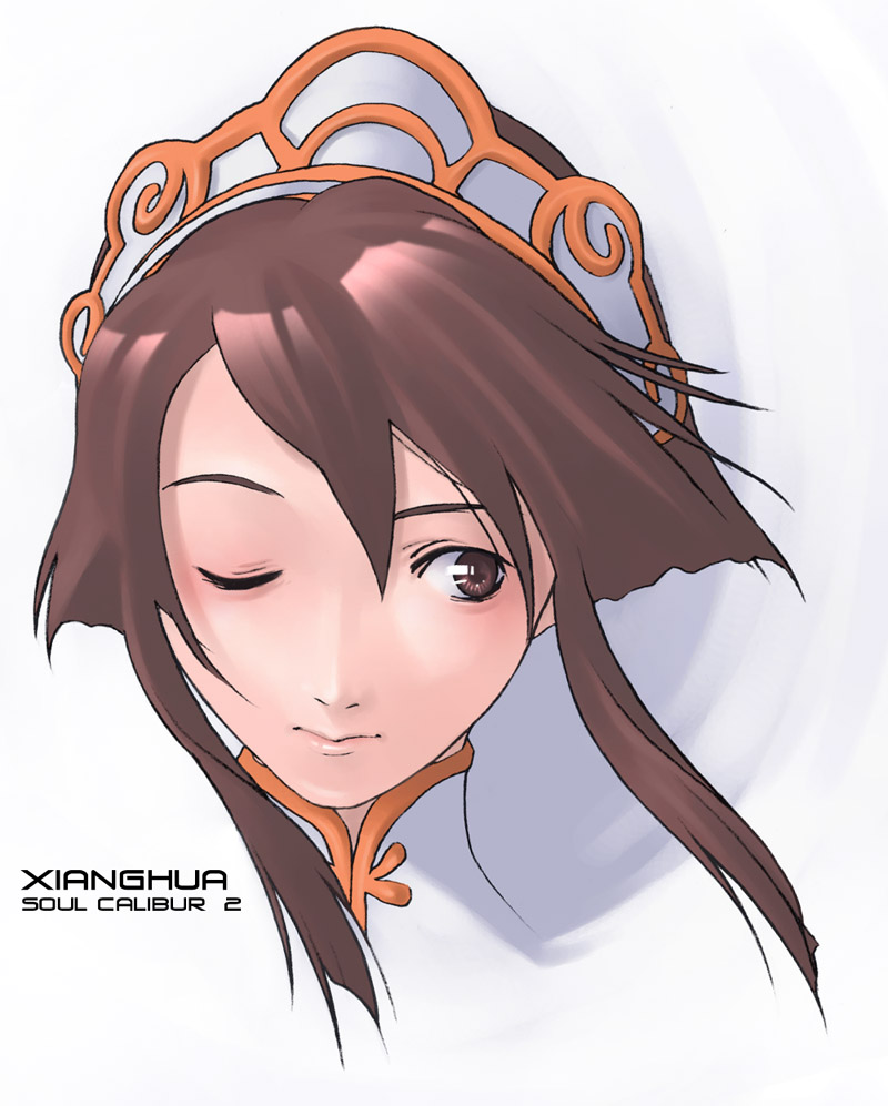 g-room honten, chai xianghua, namco, soul calibur, soulcalibur, soulcalibur ii, 1girl, brown eyes, brown hair, character name, copyright name, female focus, hat, one eye closed, portrait, solo, wink