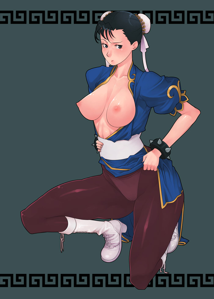 g-room honten, chun-li, capcom, street fighter, 1girl, black hair, blush, boots, bracelet, breasts, bun cover, china dress, chinese clothes, double bun, dress, female focus, green eyes, hair bun, jewelry, kneeling, large breasts, nipples, open clothes, open shirt, panties, panties under pantyhose, pantyhose, pelvic curtain, sash, shirt, solo, spiked bracelet, spikes, squatting, underwear, white panties