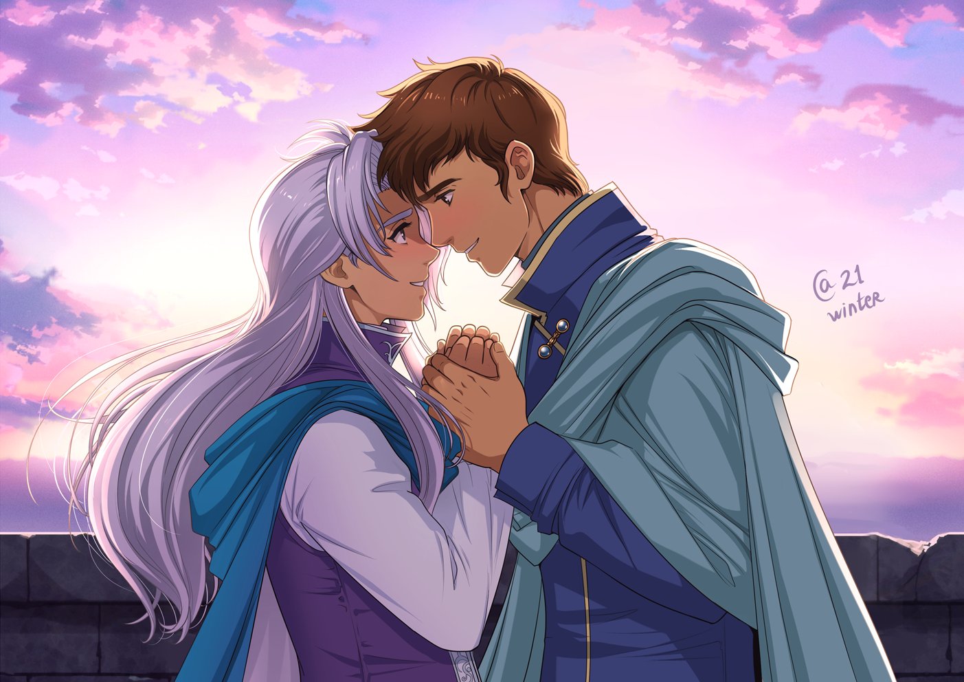autumn-sacura, arthur (fire emblem: genealogy of the holy war), hawk (fire emblem), fire emblem, fire emblem: genealogy of the holy war, nintendo, commentary, commission, english commentary, 2boys, brown eyes, brown hair, couple, eye contact, holding hands, long hair, looking at another, male focus, multiple boys, parted lips, purple hair, short hair, smile, yaoi