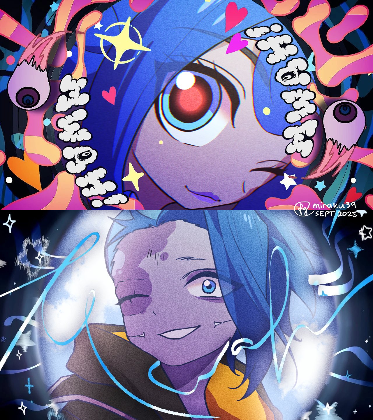 miraku39, princess guinevere, knights of guinevere, monitoring (vocaloid), derivative work, highres, screenshot redraw, 1girl, blue eyes, blue hair, colored skin, eyeball, eyelashes, fisheye, glowing pupils, grey skin, grin, lips, parody, peephole, pov peephole, smile, stitched eye, undercut
