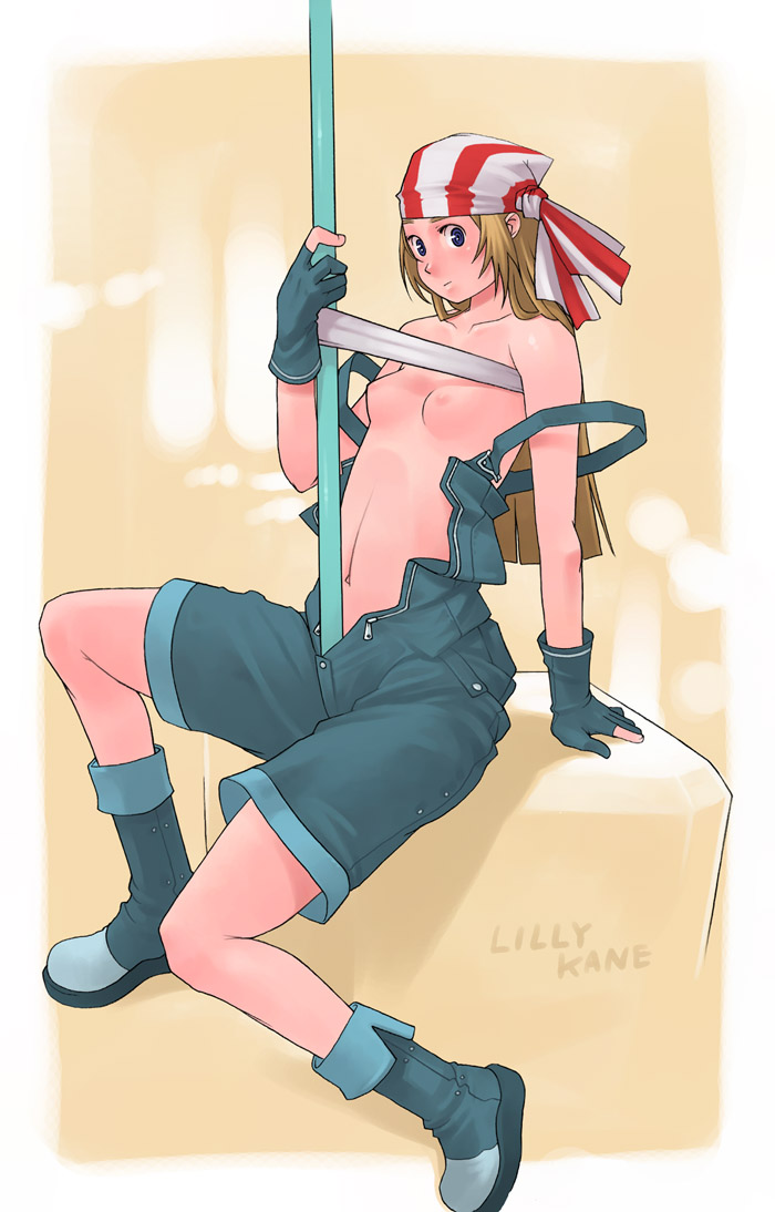 g-room honten, lilly kane, snk, the king of fighters, 1girl, bandana, blonde hair, blue eyes, blush, boots, breasts, female focus, flat chest, gloves, long hair, solo, staff
