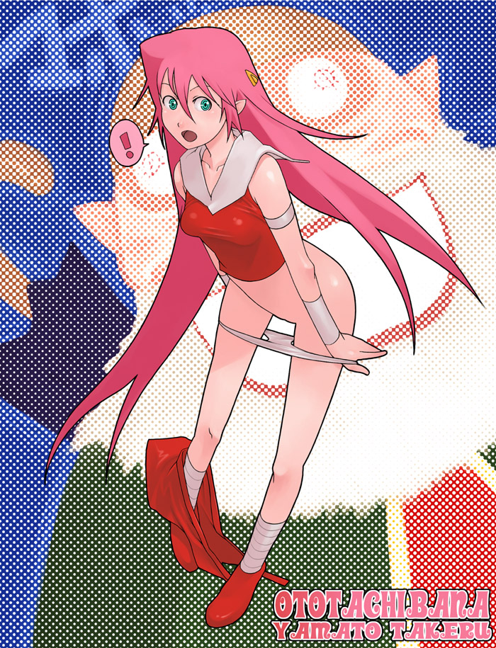 g-room honten, oto tachibana, yamato takeru, !, 1990s (style), armband, breasts, collarbone, green eyes, hair ornament, hairclip, long hair, looking to the side, panties, panty pull, pink hair, pointy ears, red shirt, red shoes, red skirt, retro artstyle, shirt, shoes, skirt, skirt around one ankle, sleeveless, sleeveless shirt, small breasts, socks, solo, speech bubble, spoken exclamation mark, standing, underwear, undressing, white panties, white socks, wristband