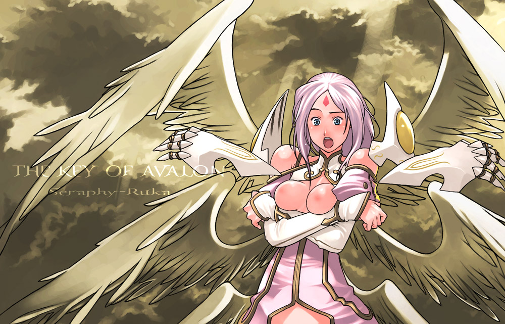 g-room honten, seraphy ruka, avalon no kagi, the key of avalon, 1girl, angel, angel wings, blue eyes, blush, breast slip, breasts, facial mark, female focus, forehead mark, long hair, multiple wings, pink hair, seraph, solo, wings