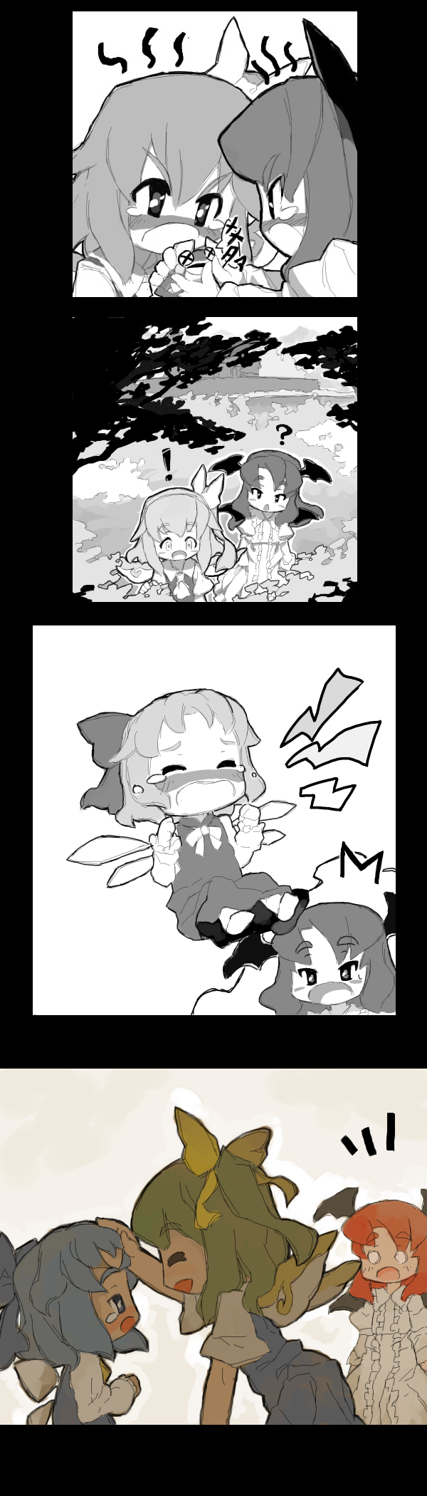 itsukia, cirno, daiyousei, koakuma, embodiment of scarlet devil, touhou, bad id, bad pixiv id, highres, long image, tall image, comic, female focus, silent comic