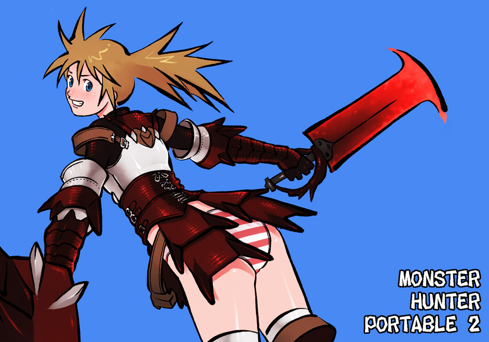 g-room honten, capcom, monster hunter (series), armor, ass, blue eyes, brown hair, panties, rathalos (armor), shield, solo, striped clothes, striped panties, sword, thighhighs, underwear, weapon