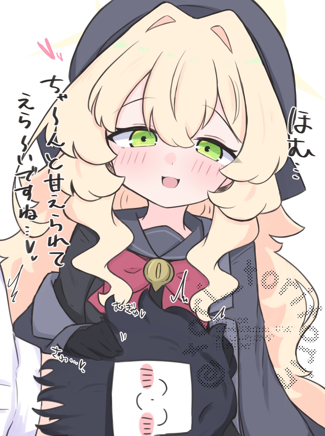 kujou karasuma, professor niyaniya (blue archive), sensei (blue archive), blue archive, highres, translation request, 1boy, 1girl, :d, ^^^, beret, black serafuku, black shirt, black skirt, blonde hair, blush, bow, green eyes, grey hat, grey jacket, grey sailor collar, hair between eyes, hair intakes, halo, hat, headphones, heart, jacket, lap pillow, long hair, off shoulder, open clothes, open jacket, open mouth, red bow, sailor collar, school uniform, serafuku, shirt, simple background, sitting, skirt, smile, very long hair, watermark, white background, white shirt