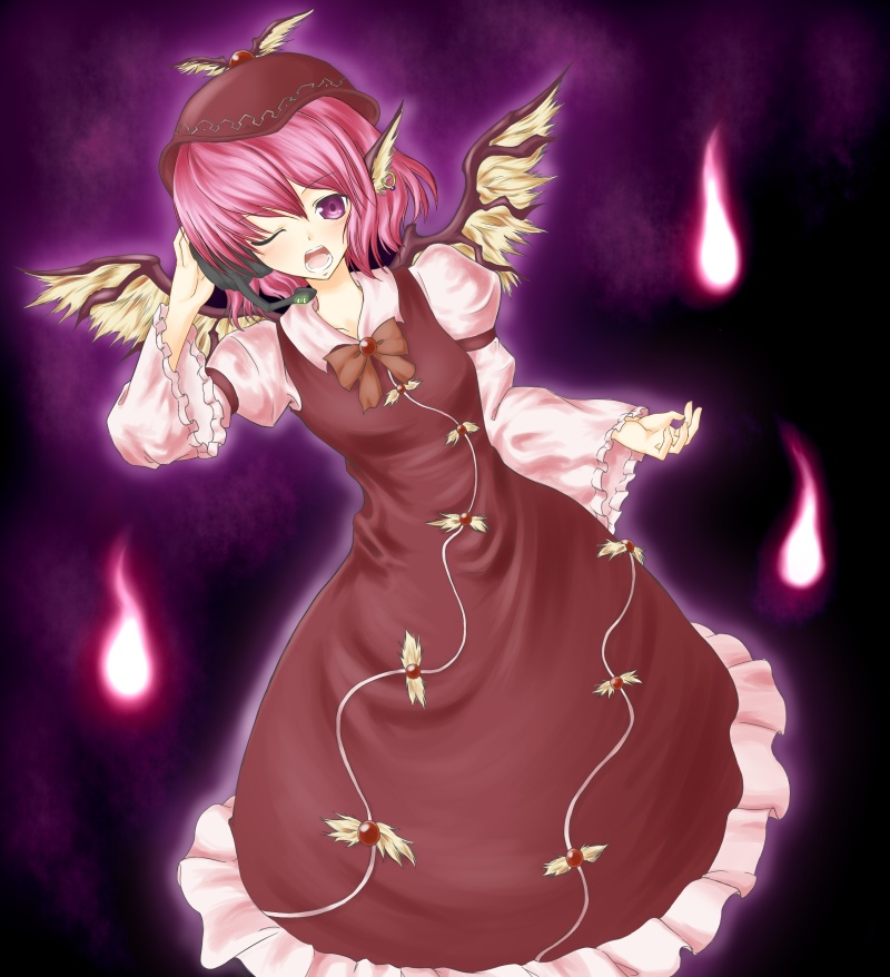 toritora, mystia lorelei, touhou, 1girl, black background, female focus, gradient background, hat, music, one eye closed, pink hair, short hair, singing, solo, standing, wings, wink