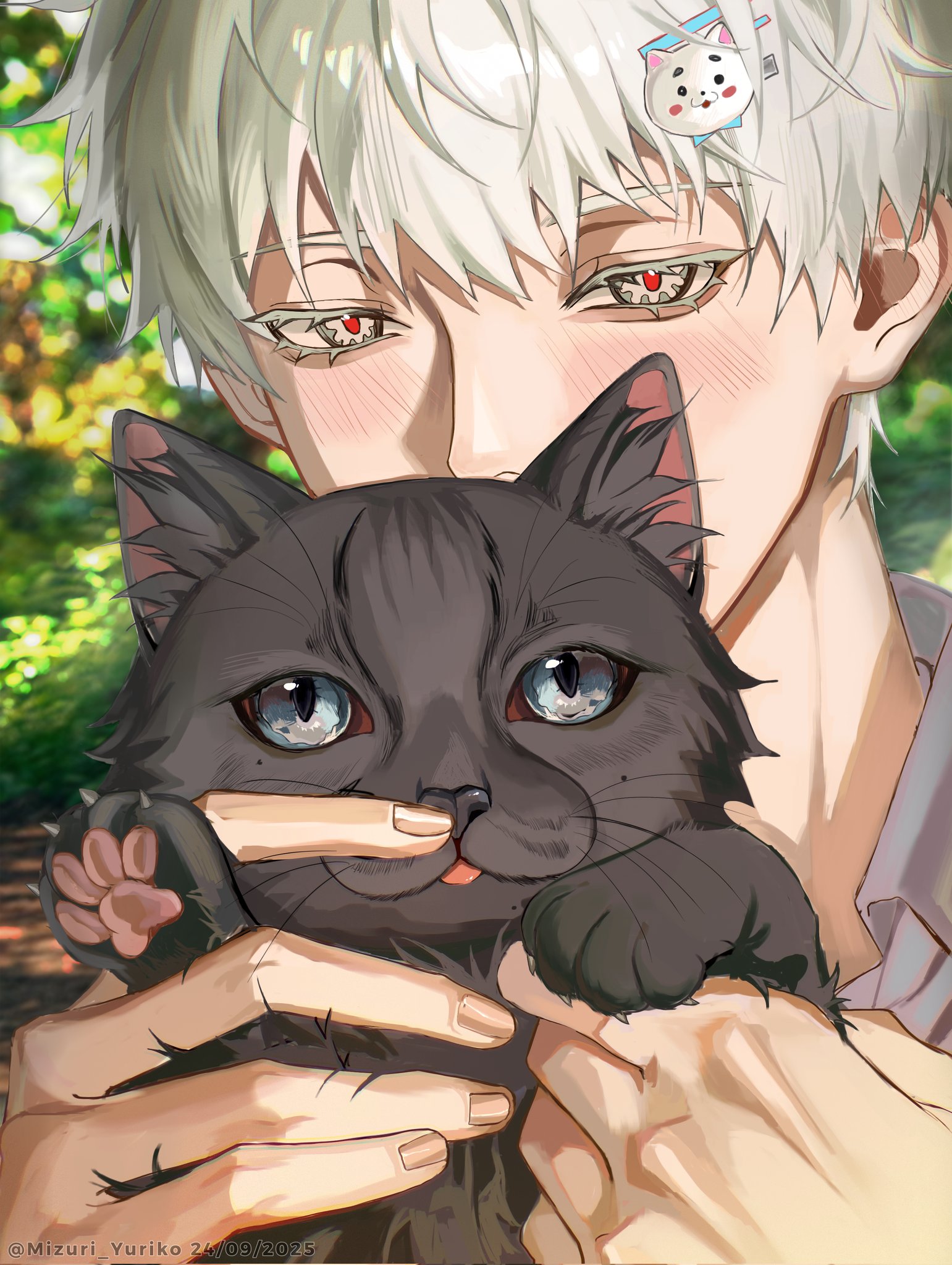 mizuri yuriko, indou hikaru, tsujinaka yoshiki, hikaru ga shinda natsu, corrupted twitter file, hashtag-only commentary, highres, 1boy, animal, black cat, blush, cat, collared shirt, dated, eyelashes, holding, holding animal, holding cat, looking at viewer, red pupils, shirt, short hair, twitter username, upper body, white hair, white shirt