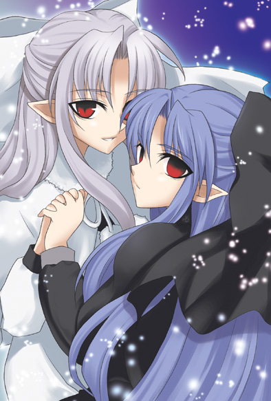 nina (pastime), len (tsukihime), white len (tsukihime), melty blood, tsukihime, type-moon, 00s, 2girls, albino, blue hair, half updo, multiple girls, pointy ears, red eyes, snow, white hair
