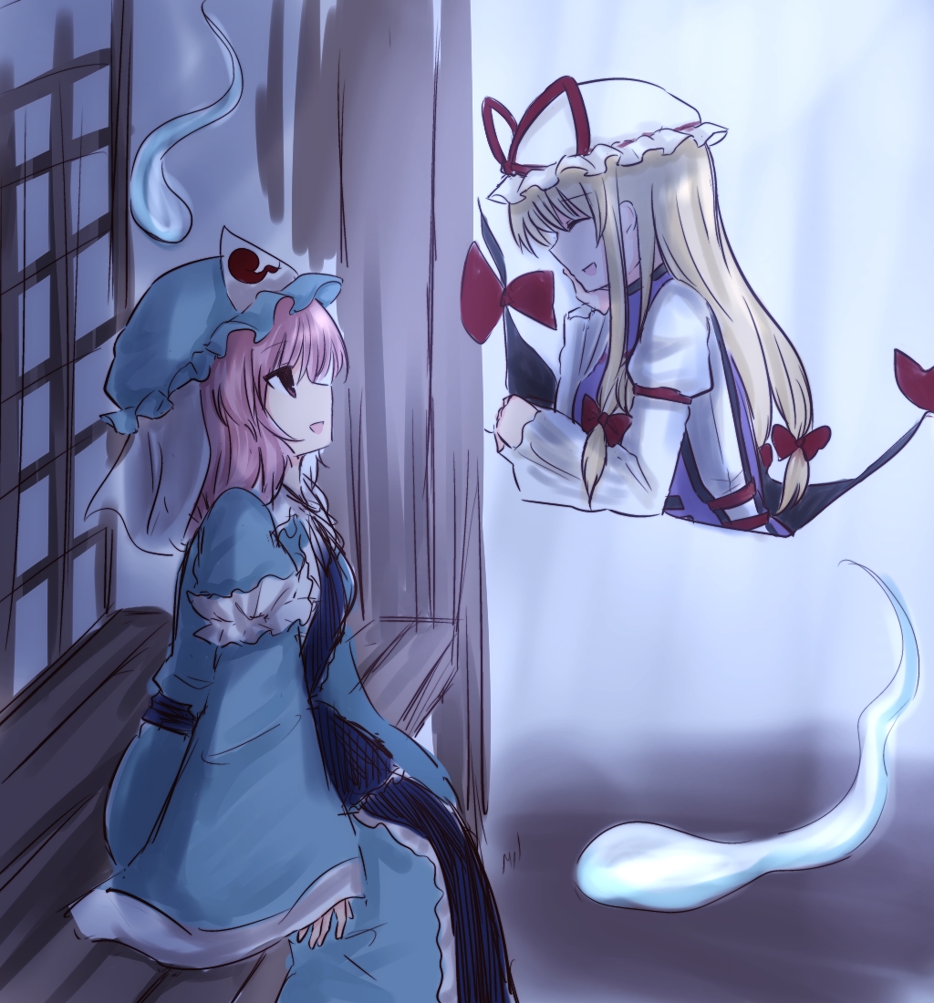 koto (shiberia39), saigyouji yuyuko, yakumo yukari, touhou, 2girls, blonde hair, blue dress, blue hat, bow, bowtie, closed eyes, dress, frills, gap (touhou), ghost, hair between eyes, hand on own cheek, hand on own face, hat, long dress, long hair, long sleeves, looking at another, mob cap, multiple girls, open mouth, outdoors, pink hair, puffy long sleeves, puffy sleeves, purple tabard, red bow, red bowtie, sitting, tabard, twintails, white dress, white hat