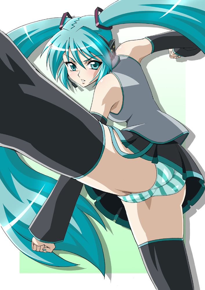 j.h., hatsune miku, vocaloid, 1girl, aqua eyes, aqua hair, ass, detached sleeves, female focus, headset, high kick, kicking, long hair, panties, pantyshot, skirt, solo, striped clothes, striped panties, thighhighs, twintails, underwear