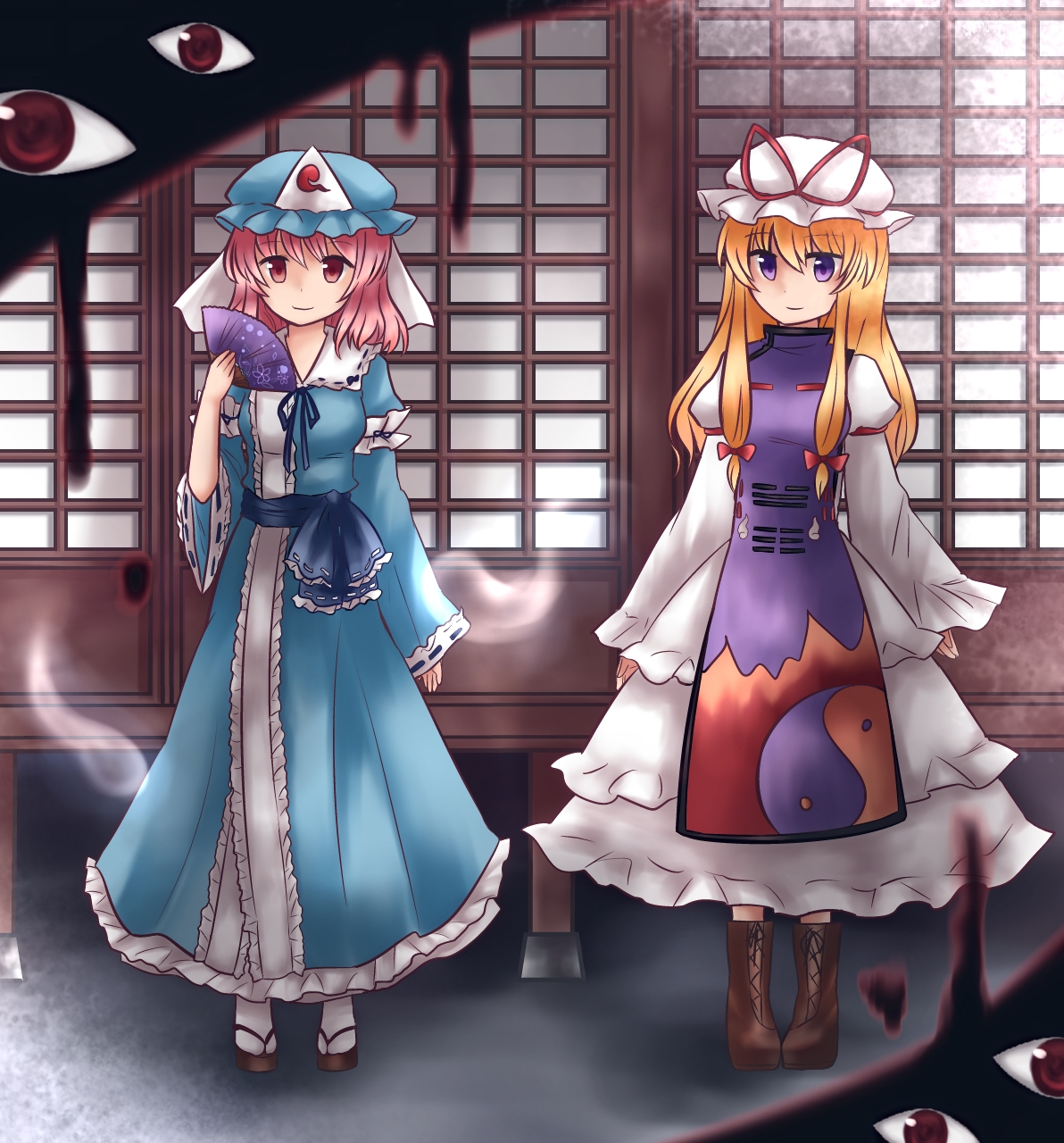 koto (shiberia39), saigyouji yuyuko, yakumo yukari, touhou, highres, 2girls, arm cuffs, blonde hair, blue dress, blue hat, boots, bow, bowtie, breasts, brown boots, disembodied eye, dress, frills, gap (touhou), hand fan, hat, hat ribbon, holding, holding fan, long dress, long hair, long sleeves, mob cap, multiple girls, outdoors, pink eyes, pink hair, puffy long sleeves, puffy sleeves, purple eyes, purple tabard, red bow, red bowtie, red ribbon, ribbon, sandals, socks, standing, tabard, veil, white dress, white socks