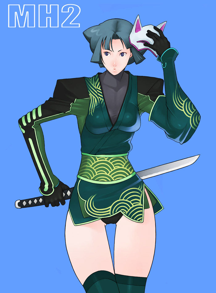 g-room honten, capcom, monster hunter (series), monster hunter 2, character request, 1girl, arm behind back, asymmetrical clothes, black panties, blue eyes, breasts, female focus, green hair, green thighhighs, grey hair, japanese clothes, katana, kimono, leotard, mask, panties, seigaiha, short hair, short kimono, simple background, solo, sword, thigh gap, thighhighs, thighs, underwear, unworn mask, weapon