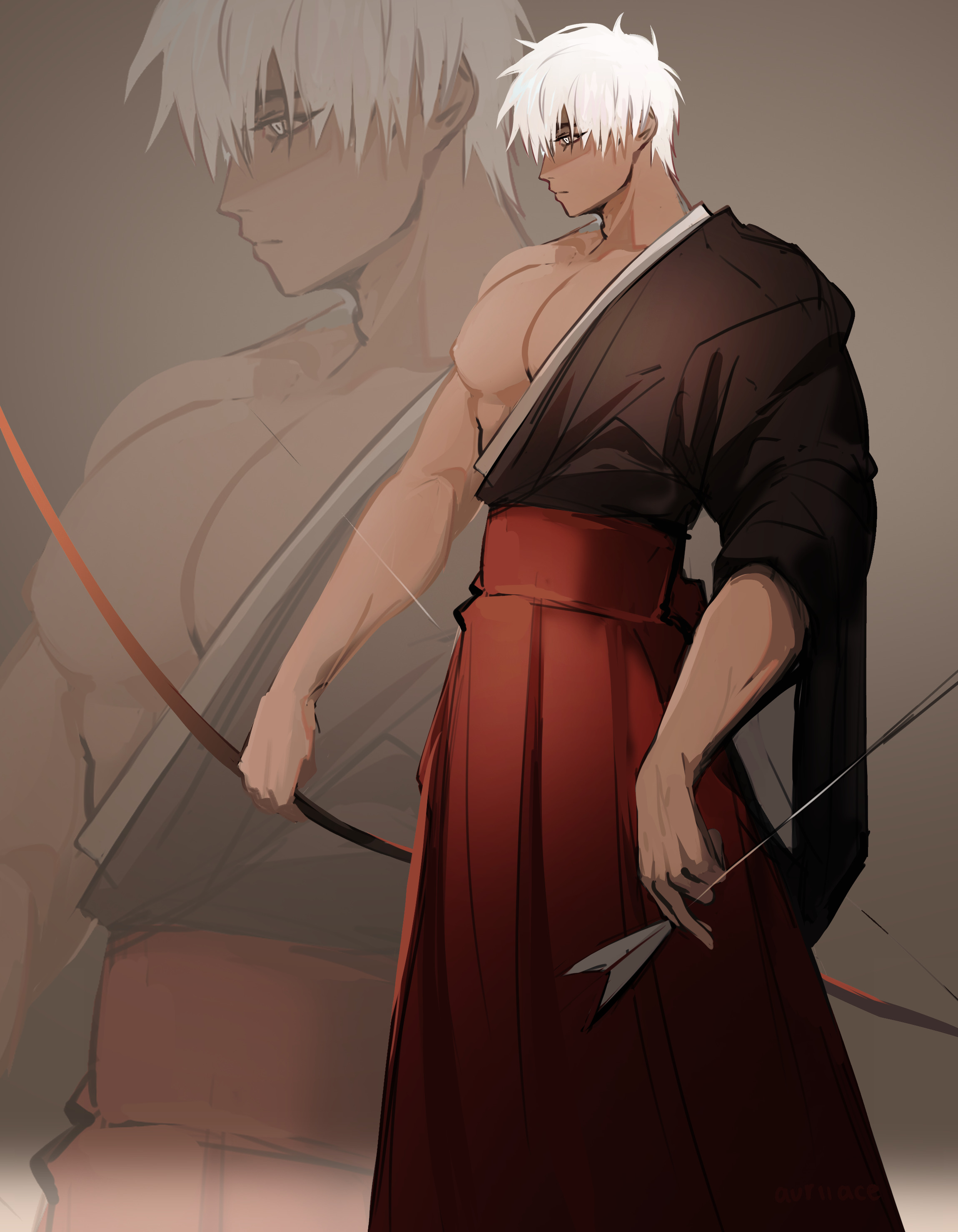 auriiace, archer (fate), fate/grand order, fate (series), absurdres, highres, 1boy, abs, arrow (projectile), bishounen, black kimono, bow (weapon), grey background, hair between eyes, hakama, holding, holding bow (weapon), holding weapon, japanese clothes, kimono, male focus, nipples, pectorals, red hakama, solo, standing, weapon, white hair, zoom layer