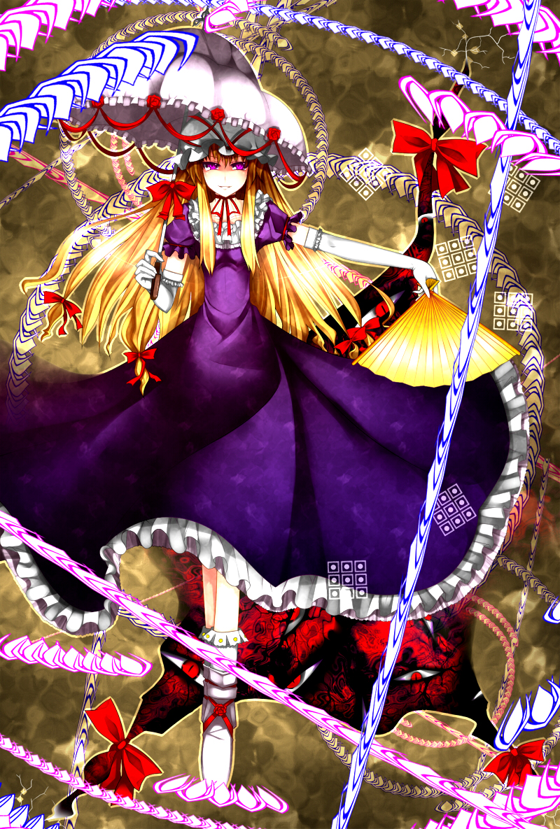 kazetto, yakumo yukari, perfect cherry blossom, touhou, 1girl, blonde hair, danmaku, elbow gloves, female focus, gap (touhou), gloves, hat, long hair, parasol, ribbon, solo, umbrella
