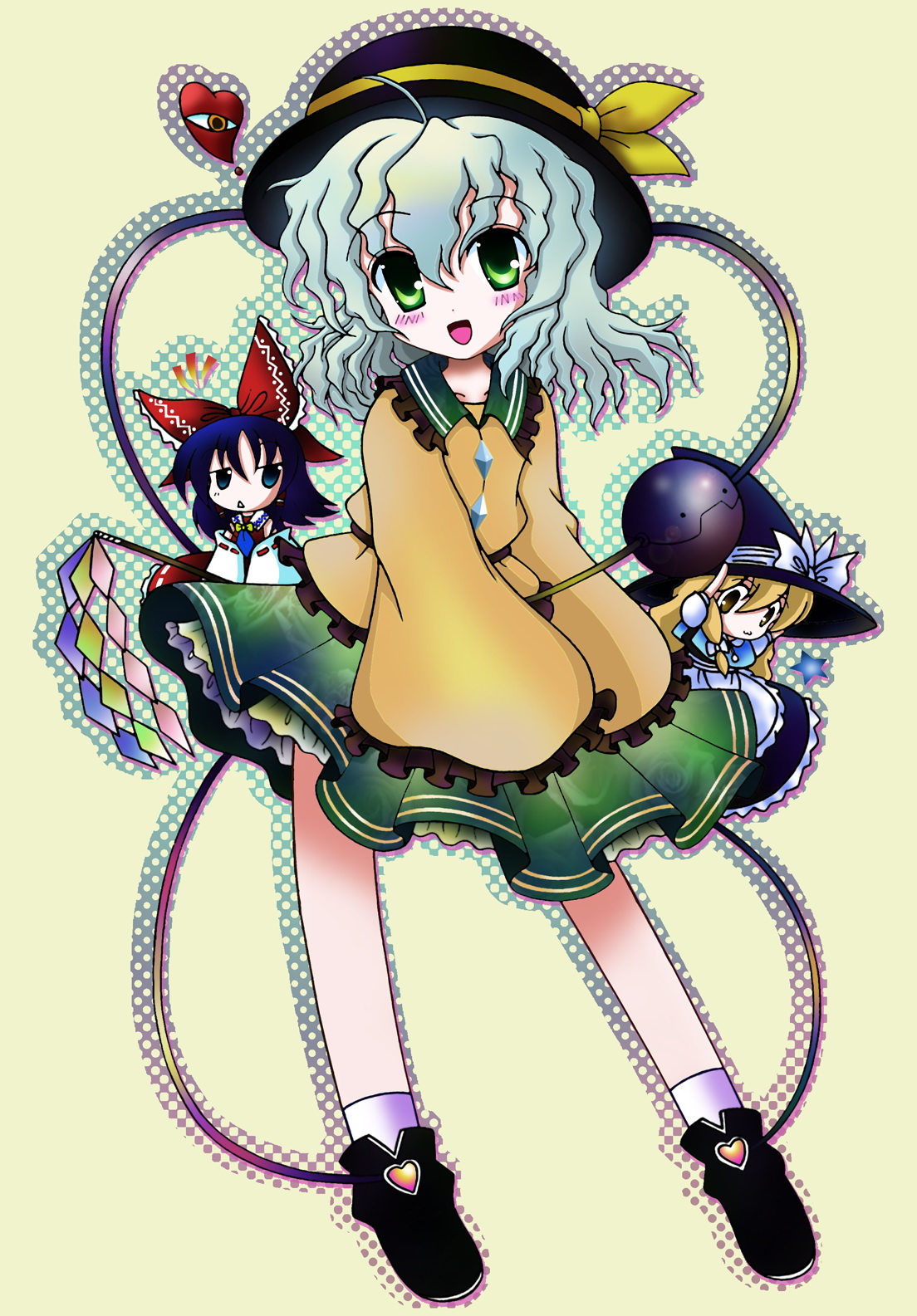 rcoco01, hakurei reimu, kirisame marisa, komeiji koishi, touhou, bad id, bad pixiv id, highres, 3girls, blonde hair, bow, female focus, hat, japanese clothes, miko, multiple girls, ribbon, short hair, yellow bow