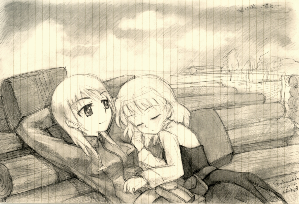 kisetsu, eila ilmatar juutilainen, sanya v. litvyak, strike witches, world witches series, traditional media, 00s, 2girls, monochrome, multiple girls, pantyhose, sleeping, yellow theme