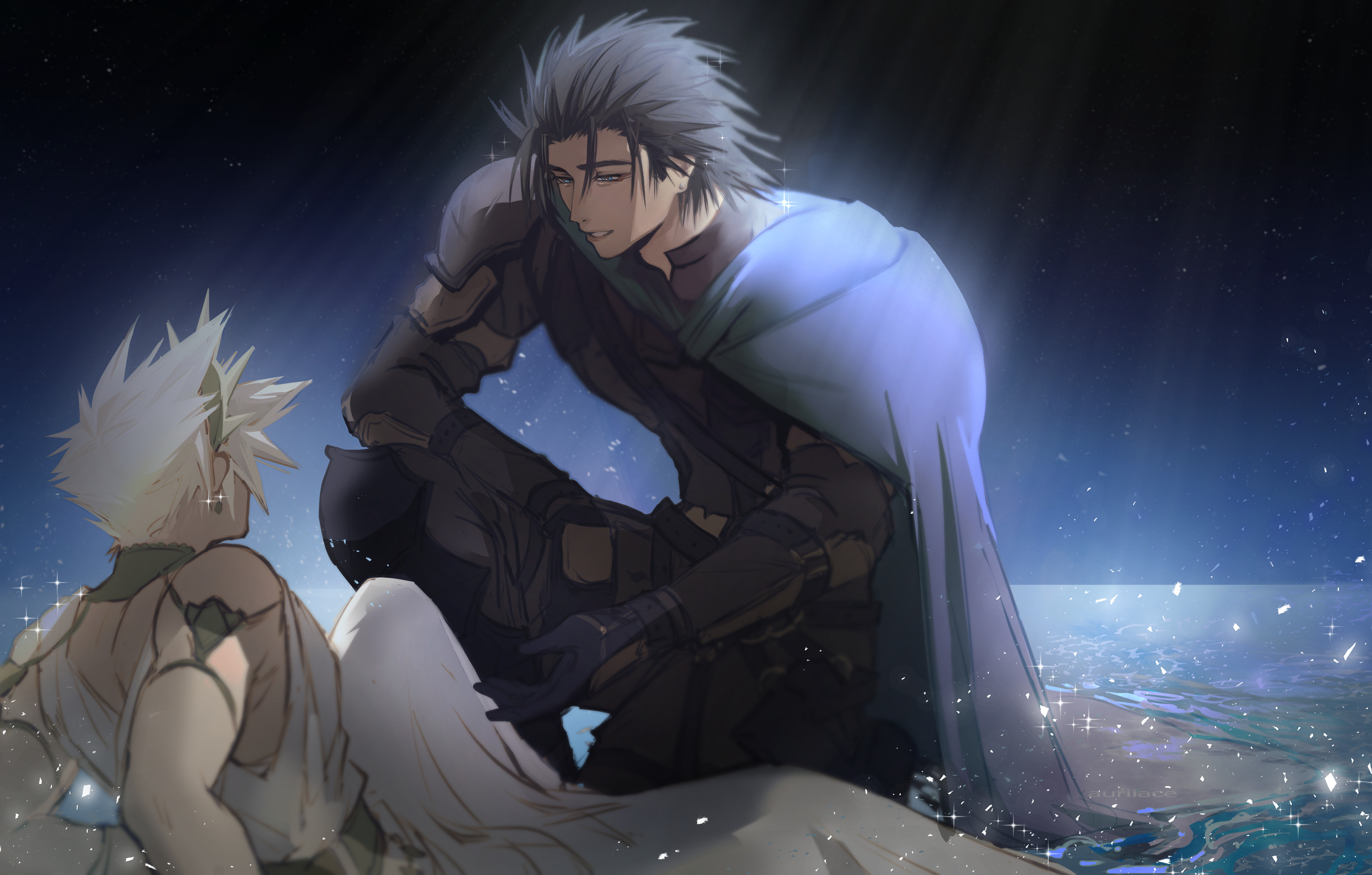 auriiace, cloud strife, zack fair, final fantasy, final fantasy vii, absurdres, highres, 2boys, armor, black gloves, black hair, black pants, blonde hair, cape, eye contact, gloves, looking at another, male focus, multiple boys, on one knee, outdoors, pants, shirt, toga, white shirt