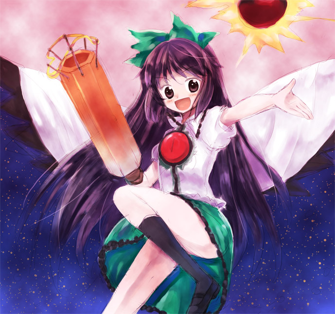 rom sen, saya0426 (pixiv), reiuji utsuho, touhou, bad id, bad pixiv id, 1girl, female focus, long hair, ribbon, solo