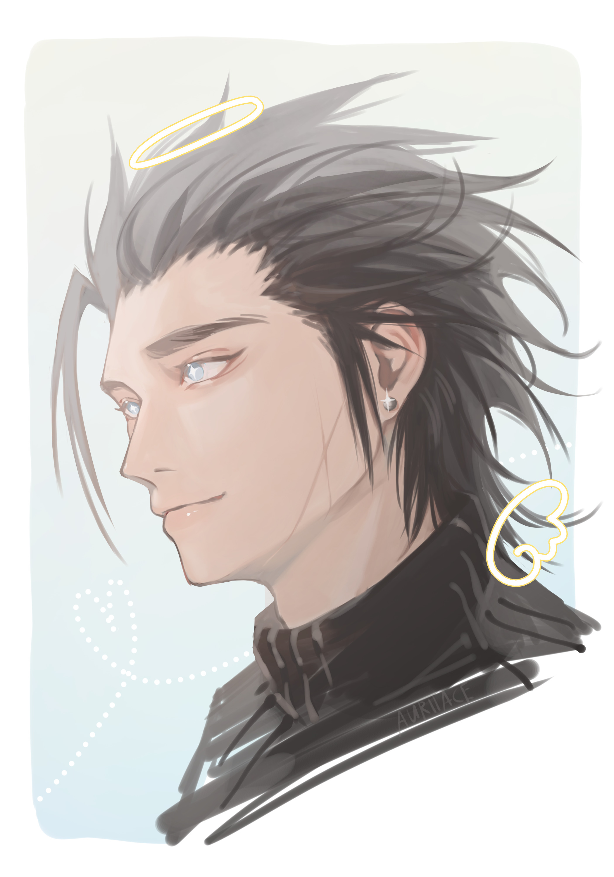 auriiace, zack fair, final fantasy, final fantasy vii, absurdres, highres, + +, 1boy, artist name, black hair, blue eyes, earrings, facial scar, glint, halo, heart, jewelry, light smile, male focus, medium hair, portrait, scar, scar on cheek, scar on face, simple background, solo, stud earrings