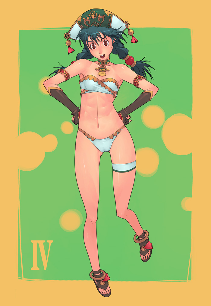 g-room honten, talim, namco, soul calibur, soulcalibur, soulcalibur iv, 1girl, abs, braid, cameltoe, female focus, flat chest, gloves, green hair, hat, long hair, panties, red eyes, sandals, solo, thigh gap, thighs, twin braids, underwear
