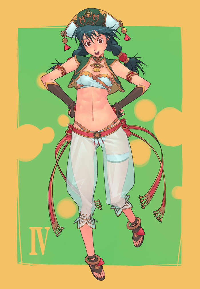 g-room honten, talim, namco, soul calibur, soulcalibur, soulcalibur iv, 1girl, abs, braid, female focus, flat chest, gloves, green hair, hat, panties, red eyes, sandals, see-through clothes, solo, twin braids, underwear