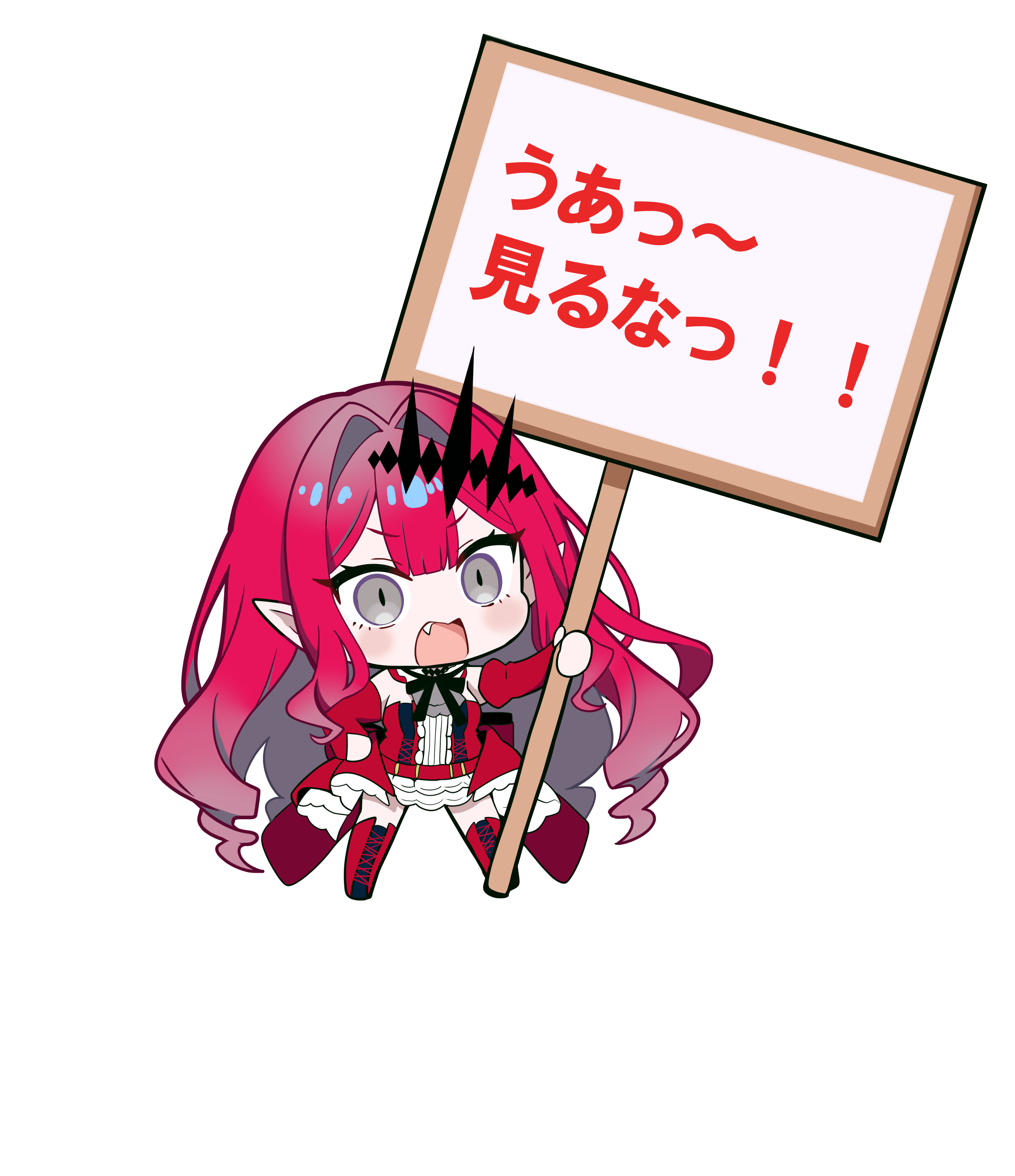 oji (drawingchinchin), baobhan sith (fate), baobhan sith (first ascension) (fate), fate/grand order, fate (series), absurdres, highres, 1girl, blush, boots, detached sleeves, dress, fang, grey eyes, holding, holding sign, long hair, looking at viewer, open mouth, red dress, red hair, sign, solo, tailcoat, thigh boots