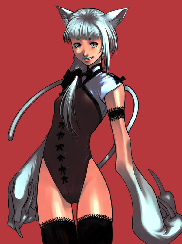 g-room honten, original, silver hair, 1girl, animal ears, animal hands, claws, female focus, long hair, monster girl, orange eyes, simple background, solo, standing, tail, thighhighs