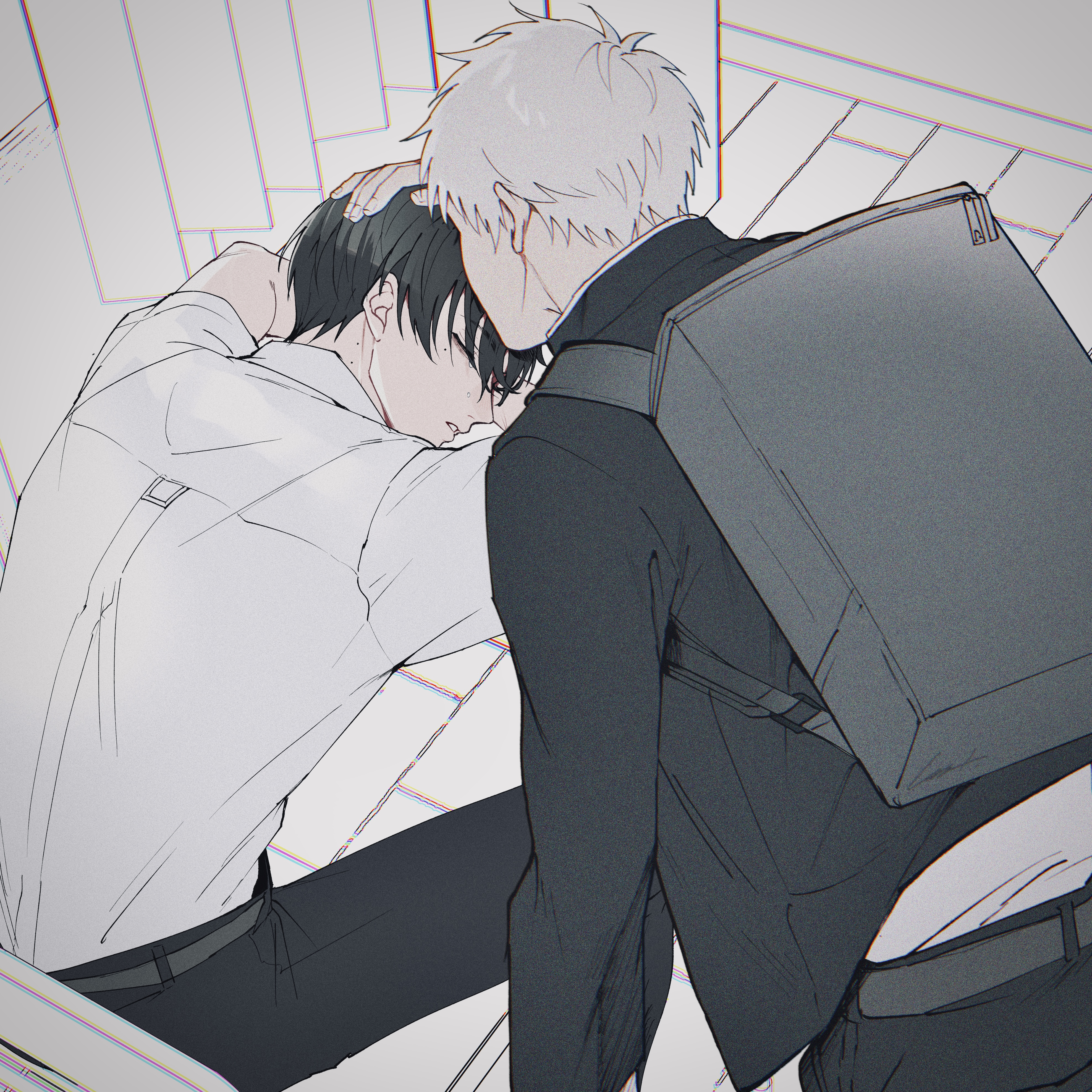 sono nu, indou hikaru, tsujinaka yoshiki, hikaru ga shinda natsu, absurdres, commentary request, highres, 2boys, backpack, bag, belt, black bag, black hair, black pants, closed eyes, collared shirt, desk, gakuran, grey belt, long sleeves, male focus, mole, mole on neck, mole under eye, multiple boys, multiple moles, pants, school bag, school desk, school uniform, shirt, shirt tucked in, short hair, short sleeves, sleeping, sleeping on desk, white hair, white shirt