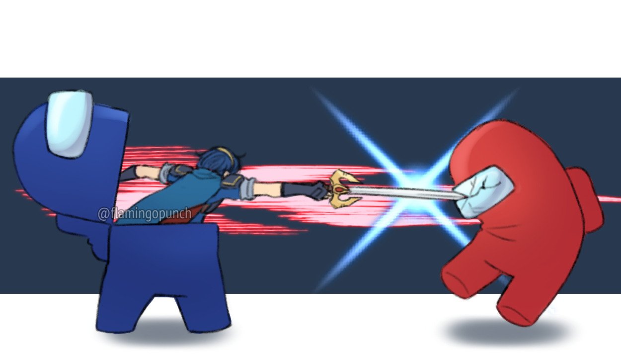 flamingo (eme324), blue (among us), crewmate (among us), impostor (among us), marth (fire emblem), red (among us), among us, fire emblem shadows, nintendo, super smash bros., commentary, english commentary, attack, blue hair, cape, fingerless gloves, full body, gloves, hairband, holding, holding sword, holding weapon, letterboxed, motion lines, murder, stab, sword, twitter username, weapon