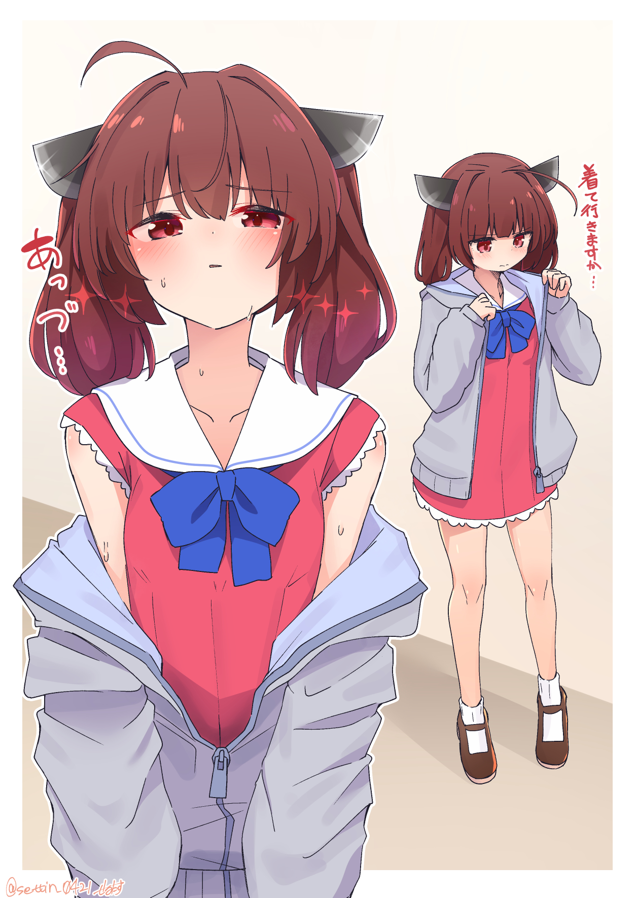 sechin, touhoku kiritan, voiceroid, highres, translated, 1girl, ahoge, brown hair, hood, hoodie, hot, red eyes, sailor collar, simple background, sweat, twintails