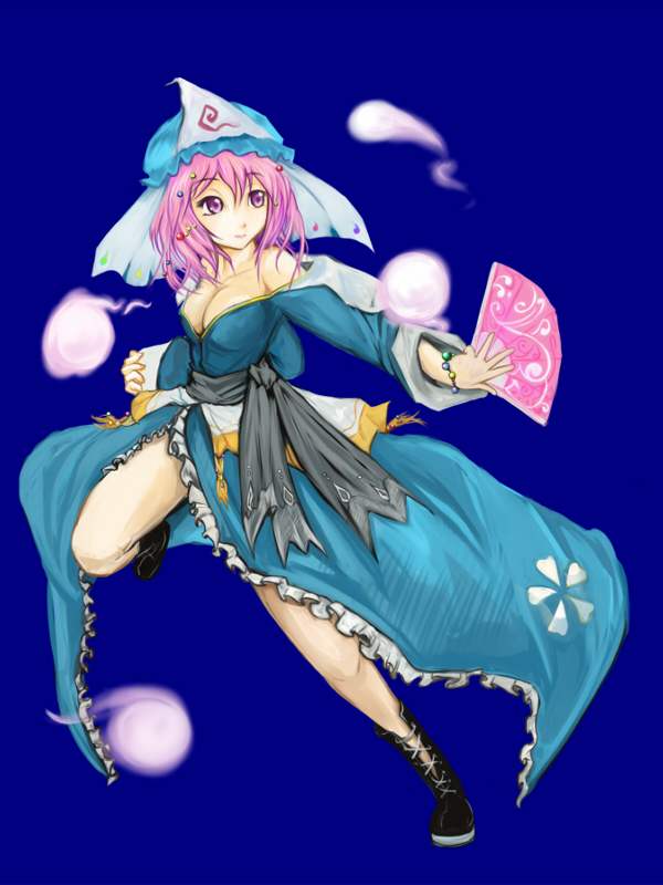 kaoru (pixiv), saigyouji yuyuko, touhou, bad id, bad pixiv id, 1girl, female focus, folding fan, hand fan, hat, japanese clothes, kimono, pink hair, ribbon, short hair, solo