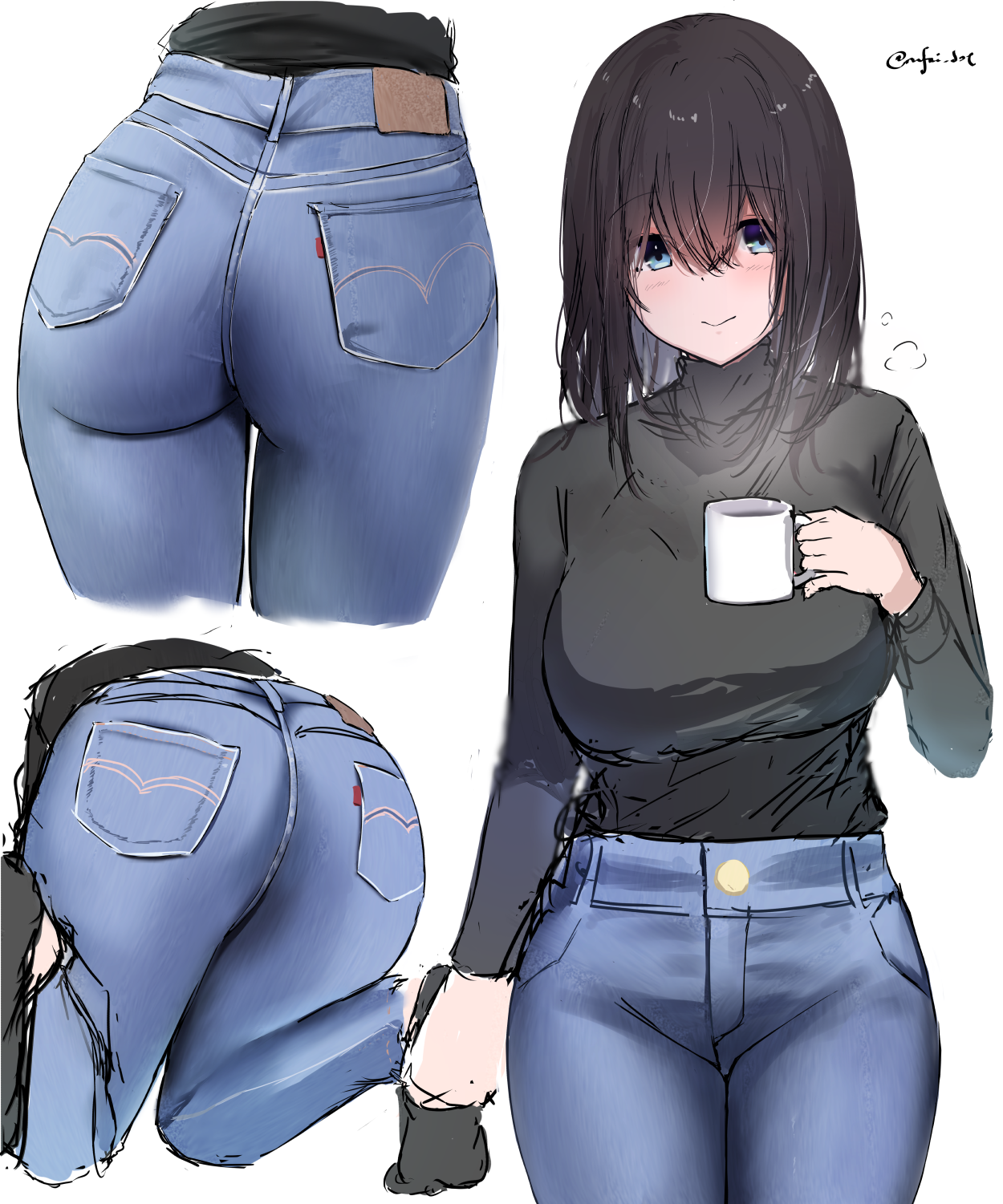 rufei bot, sagisawa fumika, idolmaster, idolmaster cinderella girls, commentary request, highres, 1girl, alternate costume, ass, black hair, black shirt, blush, breasts, cup, denim, holding, holding cup, jeans, large breasts, looking at viewer, mug, multiple views, pants, shirt, shirt tucked in, simple background, smile, steam, white background