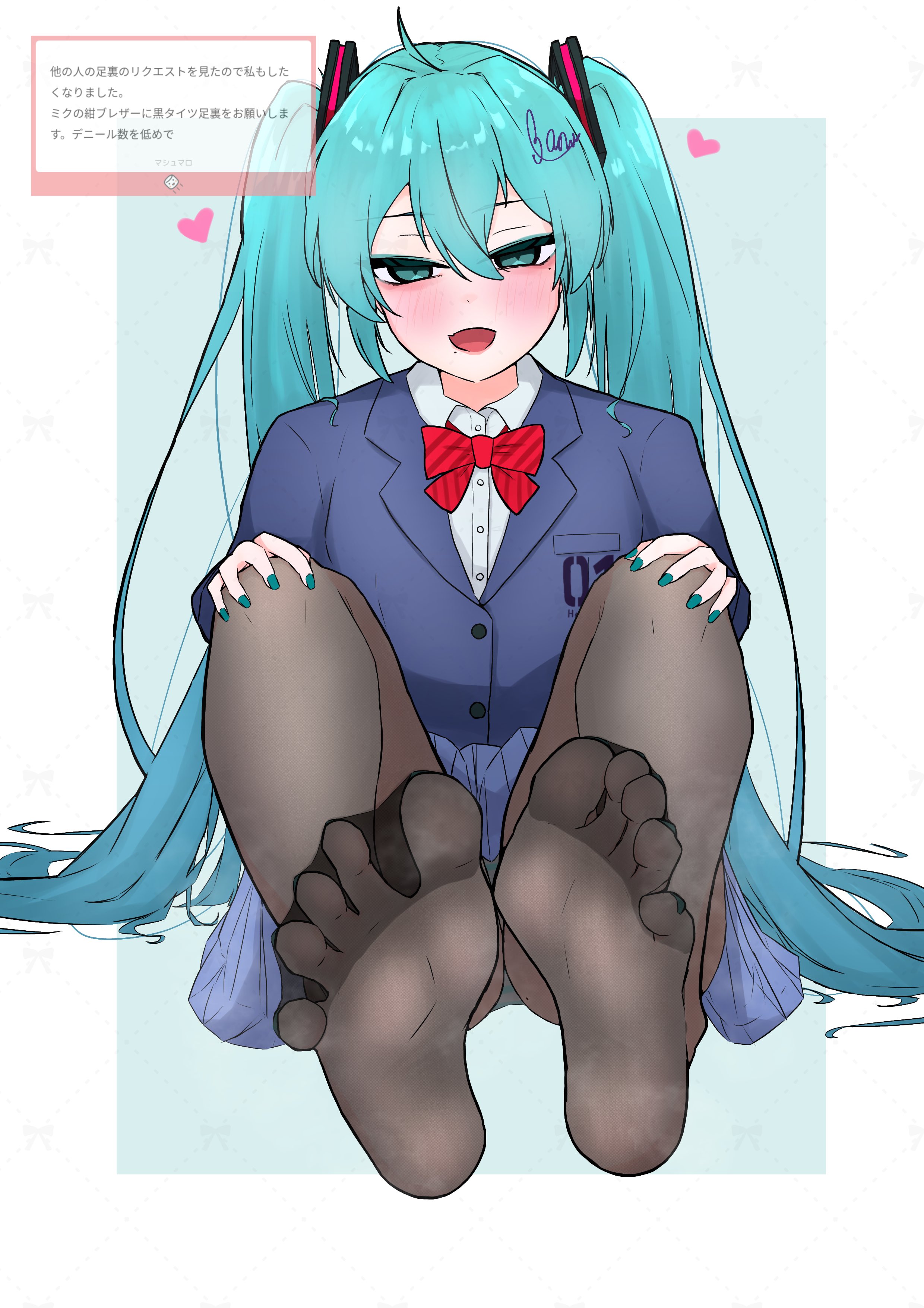 hatsune miku, vocaloid, absurdres, highres, 1girl, alternate costume, aqua background, aqua eyes, aqua hair, aqua nails, black pantyhose, blue jacket, blue skirt, blush, border, bow, bowtie, feet, foot focus, full body, hair between eyes, hair ornament, heart, jacket, knees up, long hair, long sleeves, looking at viewer, marubanu, miniskirt, mole, mole under eye, nail polish, open mouth, pantyhose, red bow, red bowtie, school uniform, signature, simple background, sitting, skirt, smell, soles, solo, spread toes, steaming body, toenail polish, toenails, toes, twintails, very long hair, watermark, watermark grid, white border
