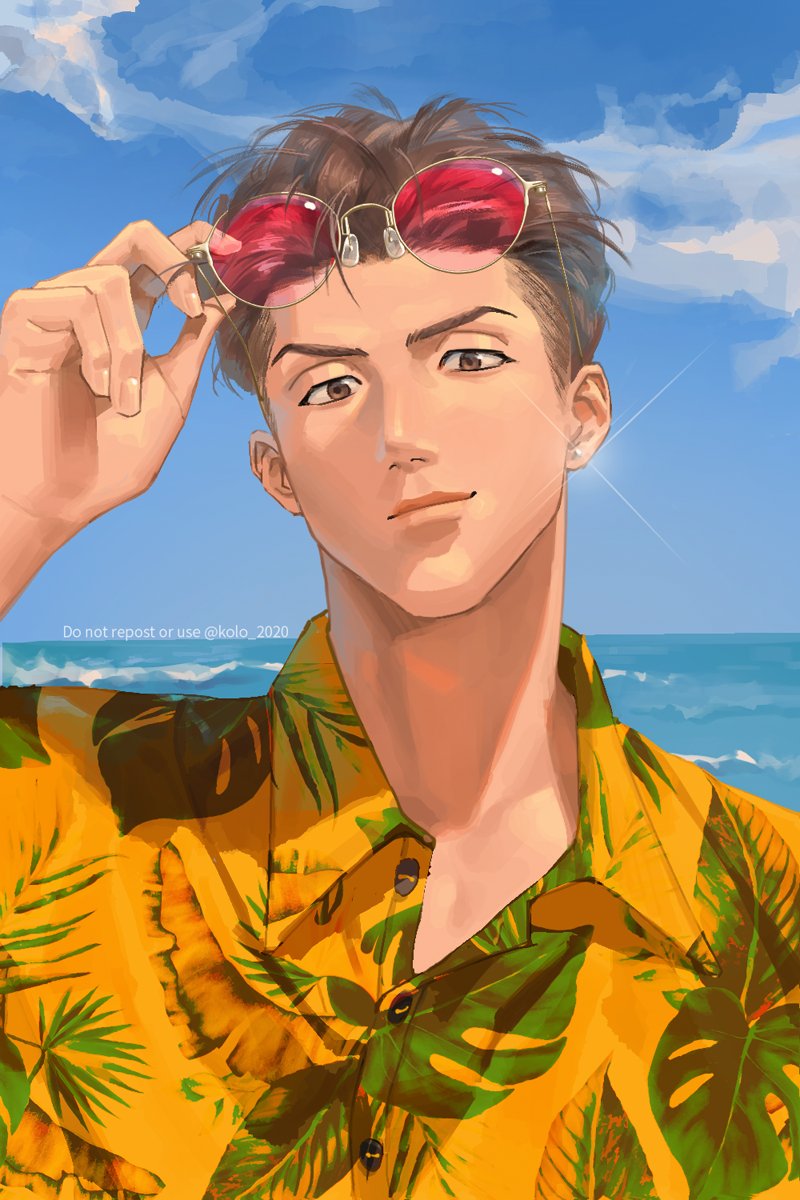 kolo 2020, miyagi ryouta, slam dunk (series), commentary, highres, symbol-only commentary, 1boy, brown eyes, brown hair, closed mouth, collared shirt, earrings, eyewear on head, glint, jewelry, looking at viewer, male focus, ocean, outdoors, shirt, short hair, smile, solo, twitter username, upper body