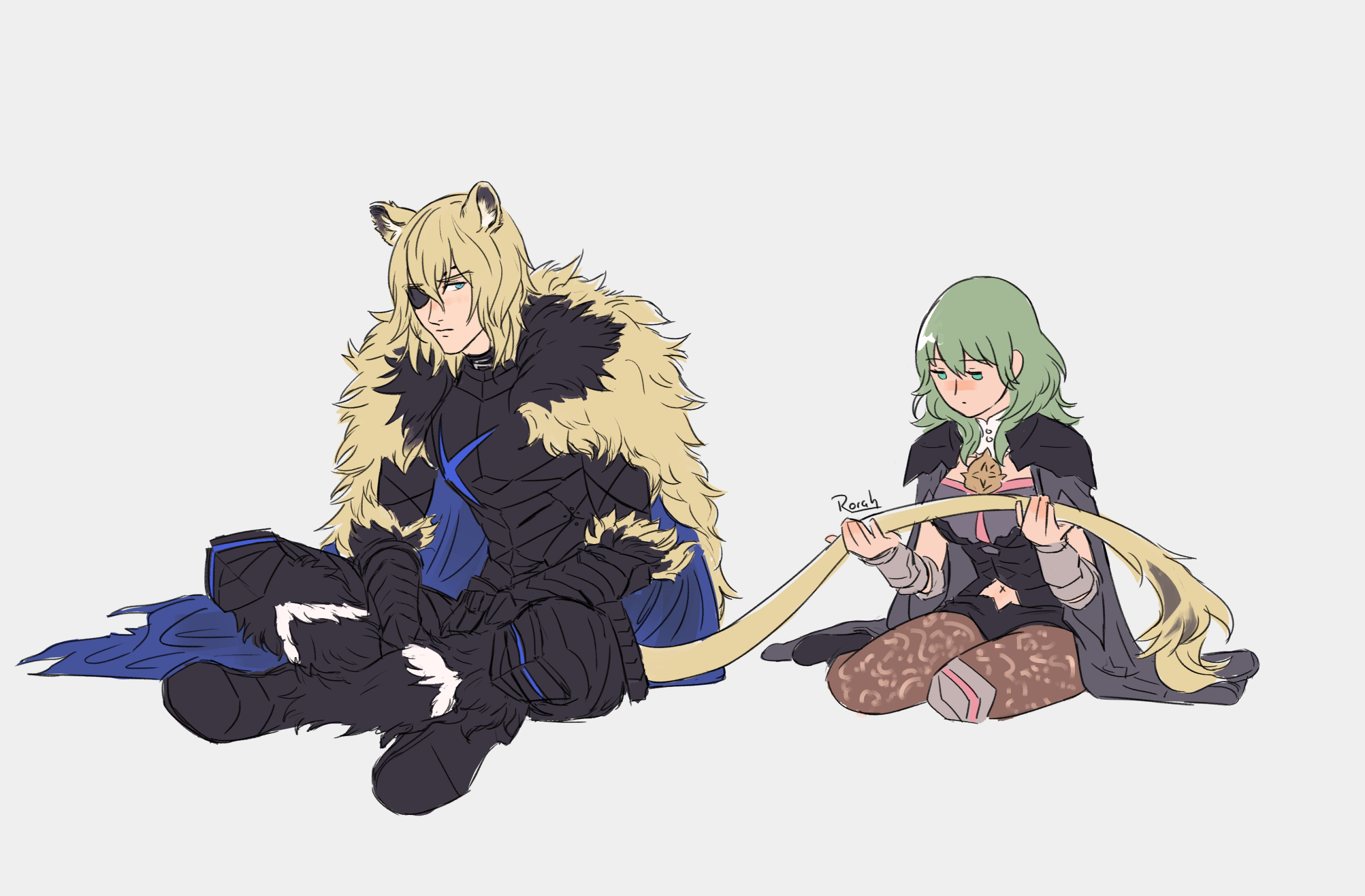lilithcosa, female byleth (enlightened) (fire emblem), female byleth (fire emblem), fire emblem, fire emblem: three houses, fire emblem shadows, nintendo, commentary, english commentary, highres, 1boy, 1girl, alternate hair color, animal ears, armor, black armor, black shorts, blonde hair, blue cape, blue eyes, blush, bodice, breasts, bustier, cape, closed mouth, clothing cutout, crossed legs, dimitri alexandre blaiddyd (blue lion), eyepatch, fur-trimmed cape, fur trim, green eyes, green hair, hair between eyes, holding, holding another's tail, lace pantyhose, lion boy, lion ears, lion tail, long hair, medium hair, navel, navel cutout, pantyhose, pantyhose under shorts, patterned legwear, shorts, simple background, sitting, tail, vambraces, yokozuwari