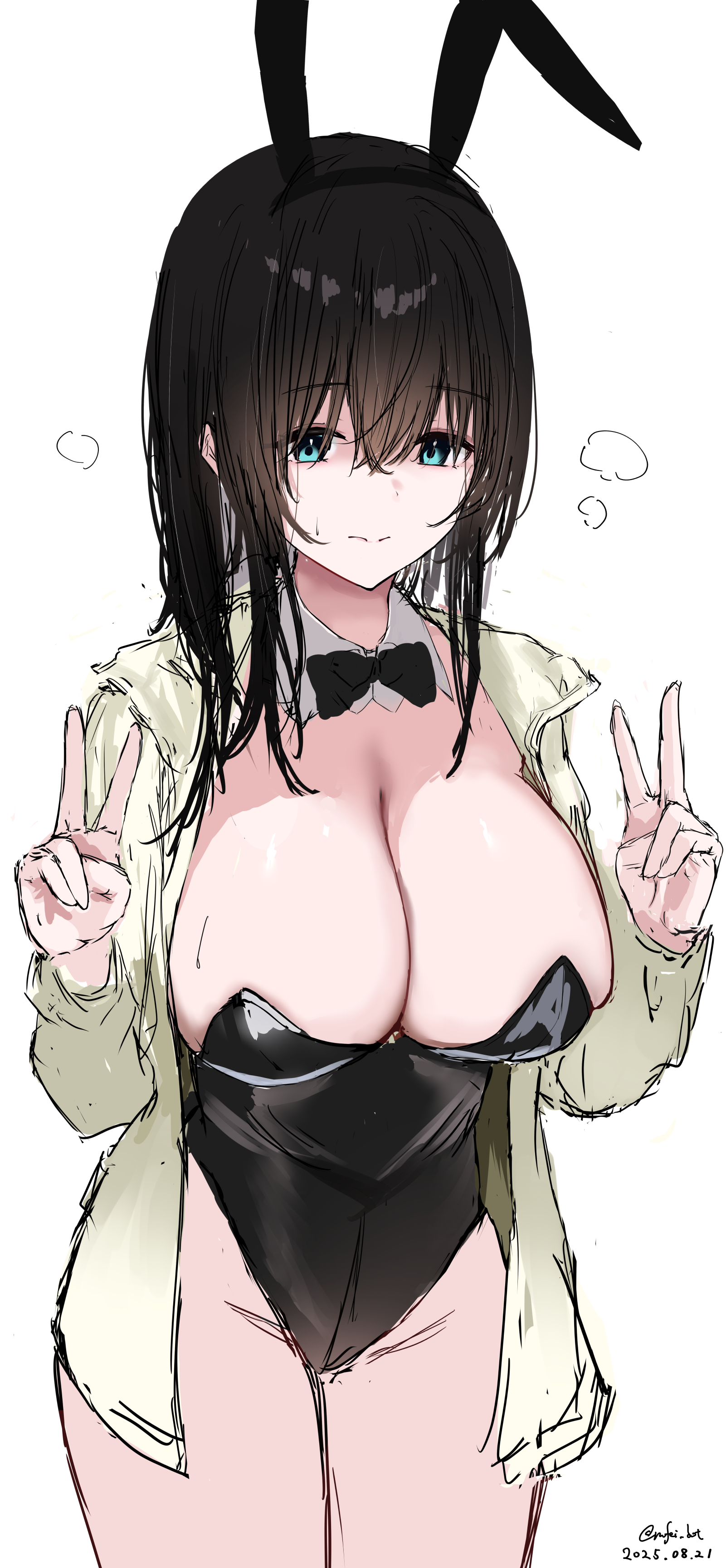 rufei bot, sagisawa fumika, idolmaster, idolmaster cinderella girls, absurdres, highres, 1girl, animal ear hairband, animal ears, bare legs, black bow, black bowtie, black hair, black leotard, bow, bowtie, breasts, cow, dated, detached collar, double v, fake animal ears, groin, hairband, jacket, large breasts, leotard, long hair, looking at viewer, playboy bunny, rabbit ear hairband, rabbit ears, simple background, solo, straight hair, strapless, strapless leotard, twitter username, v, white background, yellow jacket