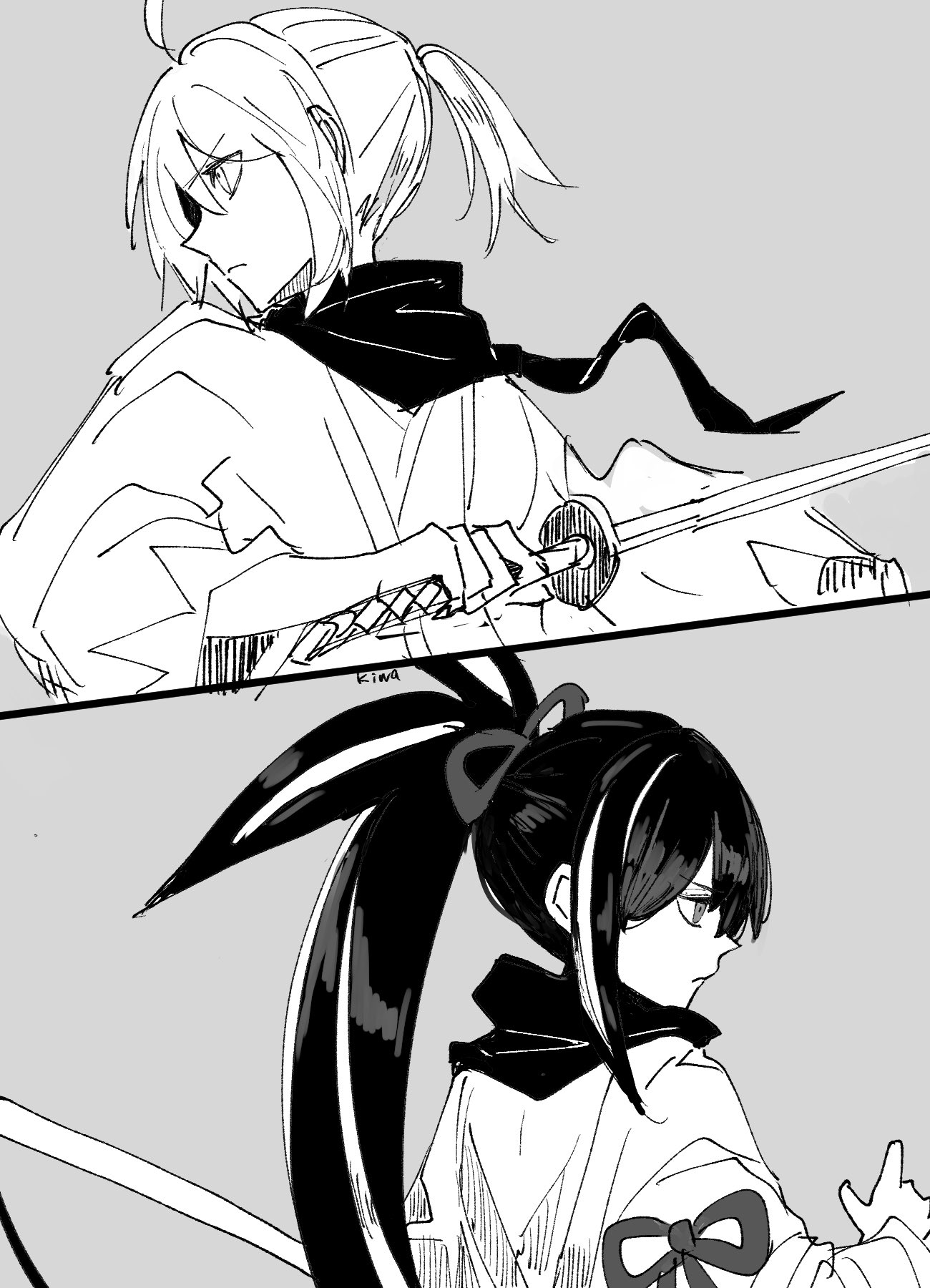 ki wa001, okita souji (fate), fate/grand order, fate (series), highres, 2girls, ahoge, black hair, greyscale, haori, holding, holding sword, holding weapon, japanese clothes, katana, kawakami gensai (fate), long hair, monochrome, multiple girls, okita souji (third ascension) (fate), ponytail, scarf, short hair, sword, weapon, white hair
