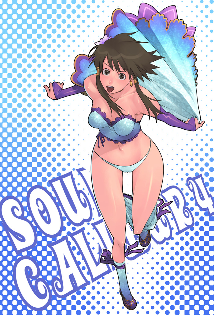 g-room honten, chai xianghua, namco, soul calibur, soulcalibur, soulcalibur iv, 1girl, bare shoulders, blush, breasts, brown eyes, brown hair, copyright name, earrings, elbow gloves, female focus, gloves, jewelry, legs, long hair, panties, pantyshot, shorts, solo, thigh gap, thighs, twintails, underwear, white panties