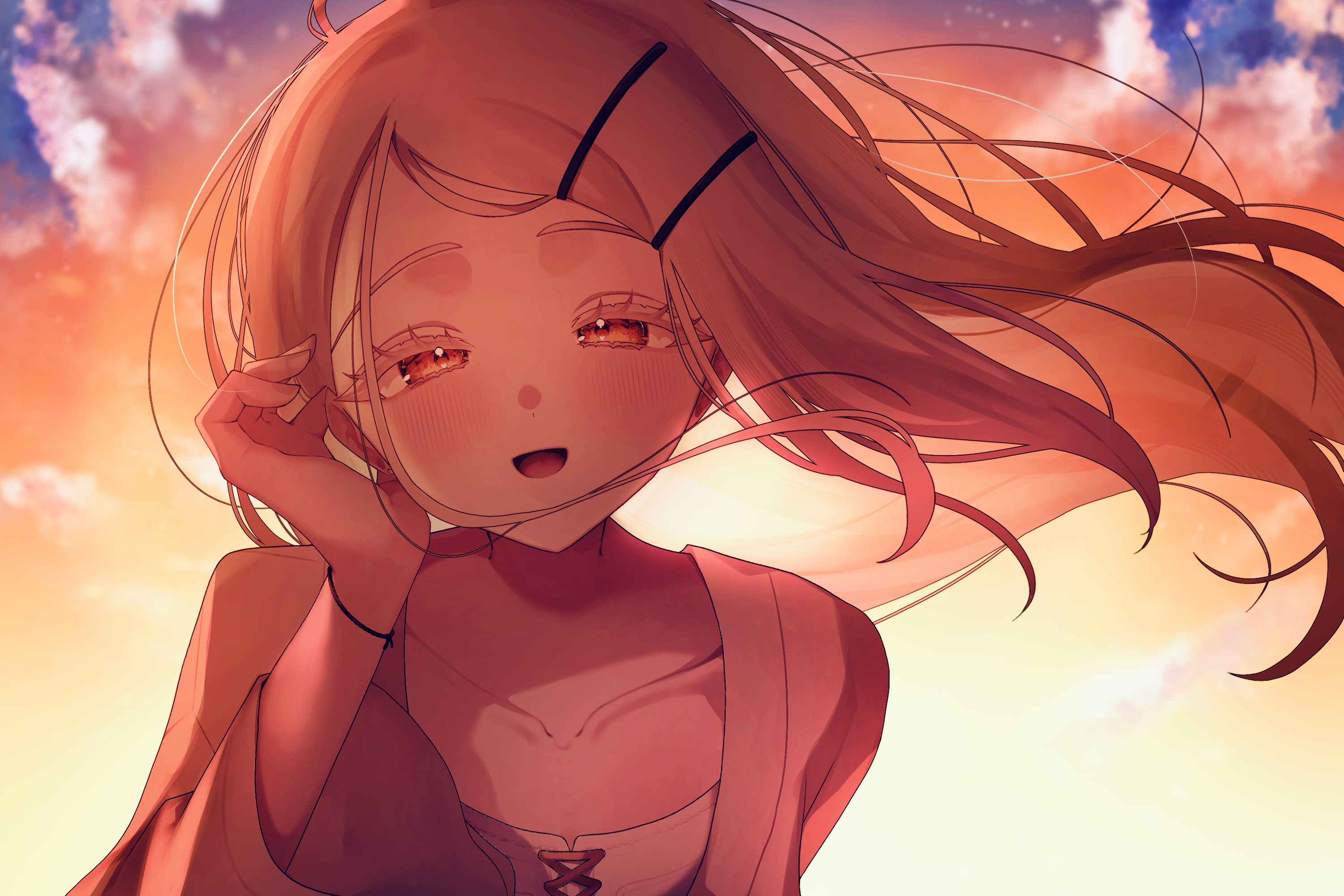 eukr5772, shinosawa hiro, gakuen idolmaster, idolmaster, commentary request, highres, 1girl, backlighting, blush, collarbone, colored eyelashes, floating hair, long hair, looking at viewer, outdoors, robe, smile, solo, sunset, tucking hair, upper body