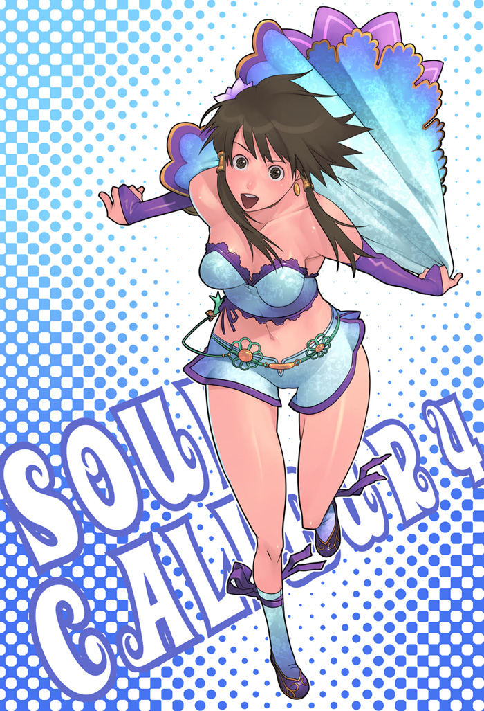g-room honten, chai xianghua, namco, soul calibur, soulcalibur, soulcalibur iv, 1girl, bare shoulders, blush, breasts, brown eyes, brown hair, copyright name, earrings, elbow gloves, female focus, gloves, jewelry, legs, long hair, panties, pantyshot, shorts, skirt, solo, thigh gap, thighs, twintails, underwear, white panties