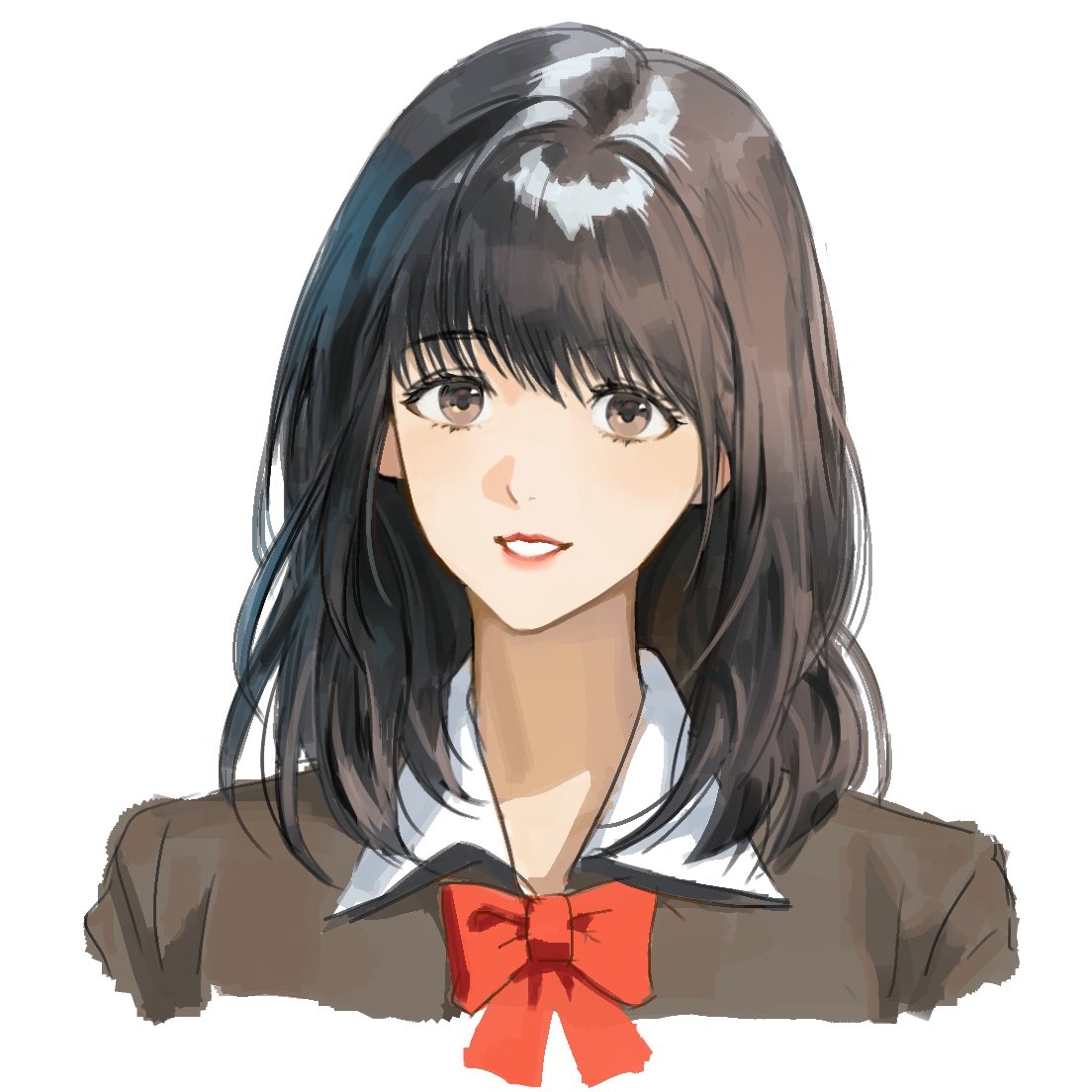 kolo 2020, akagi haruko, slam dunk (series), commentary request, korean commentary, 1girl, blunt bangs, bow, bowtie, brown eyes, brown hair, medium hair, parted lips, red bow, red bowtie, school uniform, simple background, smile, solo, white background