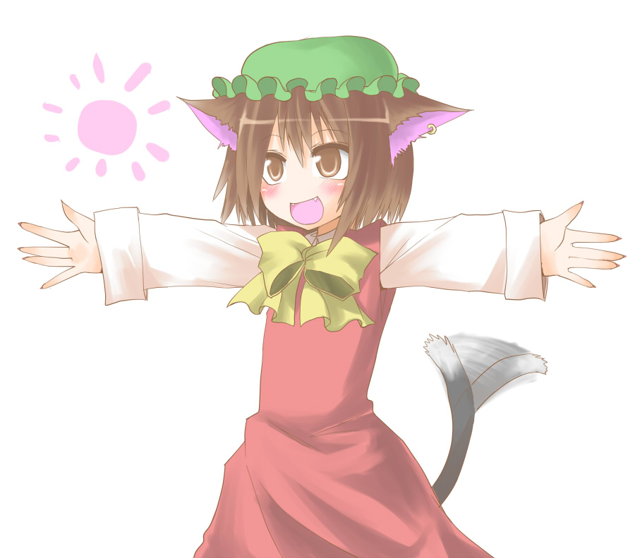 hane (hanegoya), chen, touhou, 1girl, animal ears, blush, brown eyes, brown hair, cat ears, cat girl, cat tail, earrings, fang, female focus, hat, jewelry, short hair, solo, sun, tail