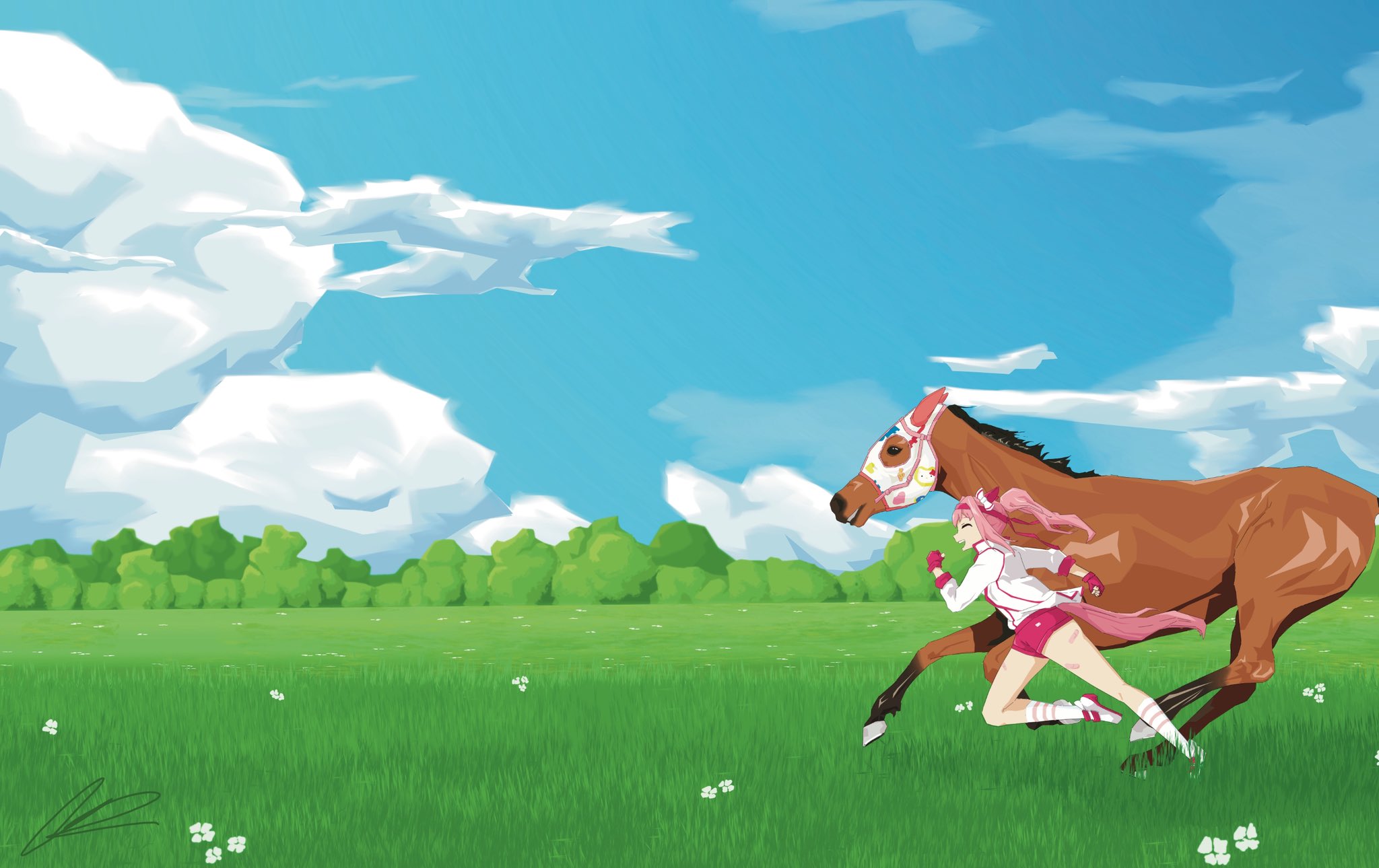 chris rab 834, haru urara (bestest prize) (umamusume), haru urara (racehorse), haru urara (umamusume), hello kitty (character), hello kitty, real life, sanrio, umamusume, highres, 1girl, animal ears, bandaid, bandaid on leg, blue sky, bow, brown horse, buruma, closed eyes, cloud, creature and personification, ear bow, ear covers, field, fingerless gloves, flower, gloves, grass, hairband, headband, heart, horse, horse ears, horse girl, horse mask, horse tail, jacket, long hair, mask, open mouth, outdoors, personification, pink buruma, pink hair, pink headband, ponytail, red buruma, red gloves, red headband, running, shirt, shoes, sky, smile, socks, striped clothes, striped socks, tail, teeth, upper teeth only, white jacket, white shirt, white socks