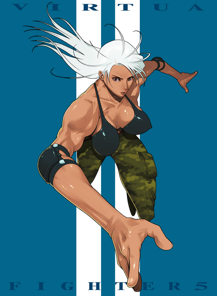 g-room honten, vanessa lewis, sega, virtua fighter, 1girl, breasts, brown eyes, camouflage, cargo pants, dark-skinned female, dark skin, elbow pads, female focus, foreshortening, huge breasts, large breasts, long hair, muscular, muscular female, pants, perspective, solo, toned, white hair