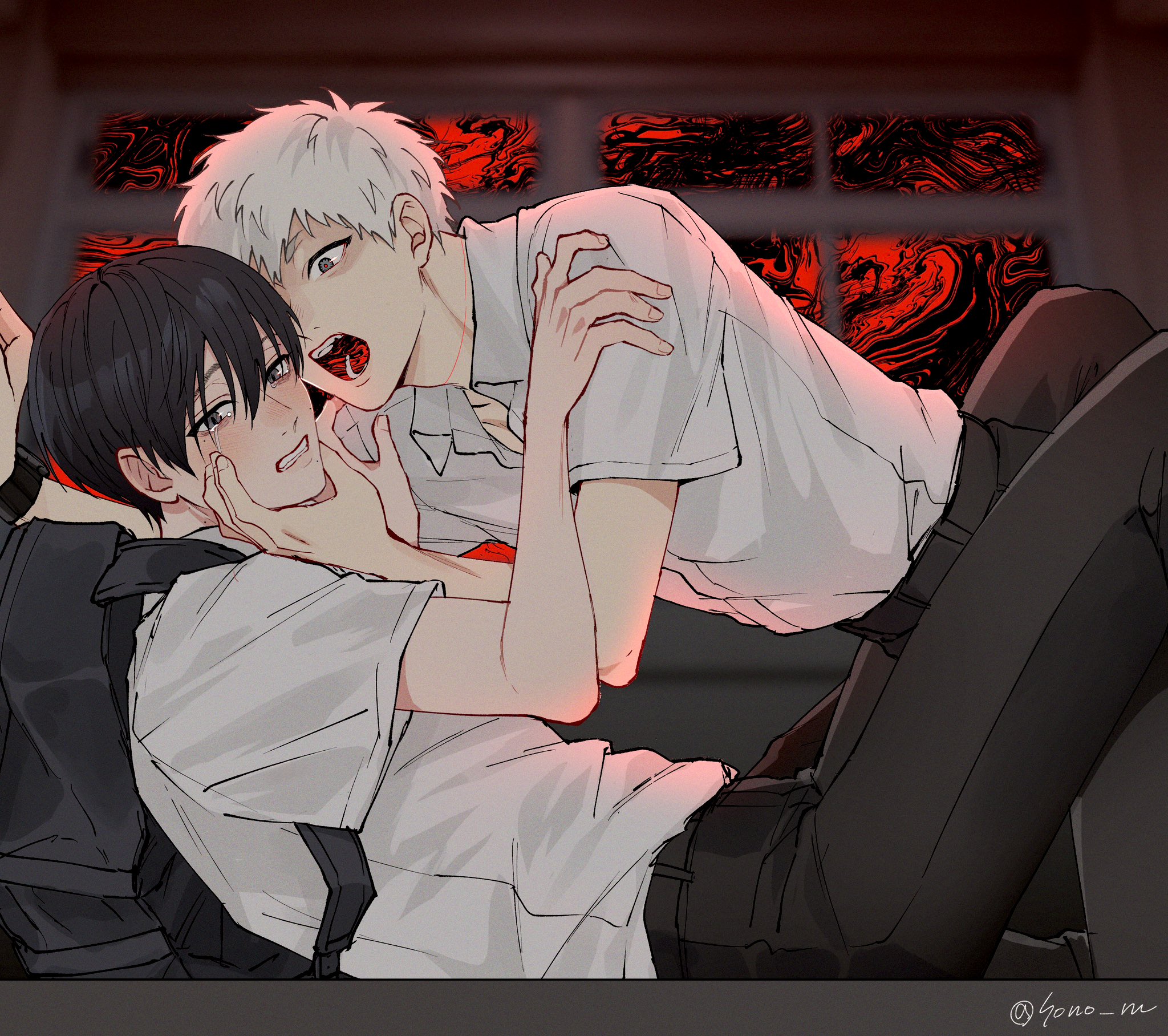sono nu, indou hikaru, tsujinaka yoshiki, hikaru ga shinda natsu, commentary request, highres, 2boys, backpack, bag, belt, black bag, black belt, black hair, black pants, collared shirt, lying, male focus, mole, mole on neck, mole under eye, multiple boys, multiple moles, on back, open mouth, pants, red pupils, scared, shirt, shirt tucked in, short hair, short sleeves, tears, teeth, twitter username, white hair, white shirt
