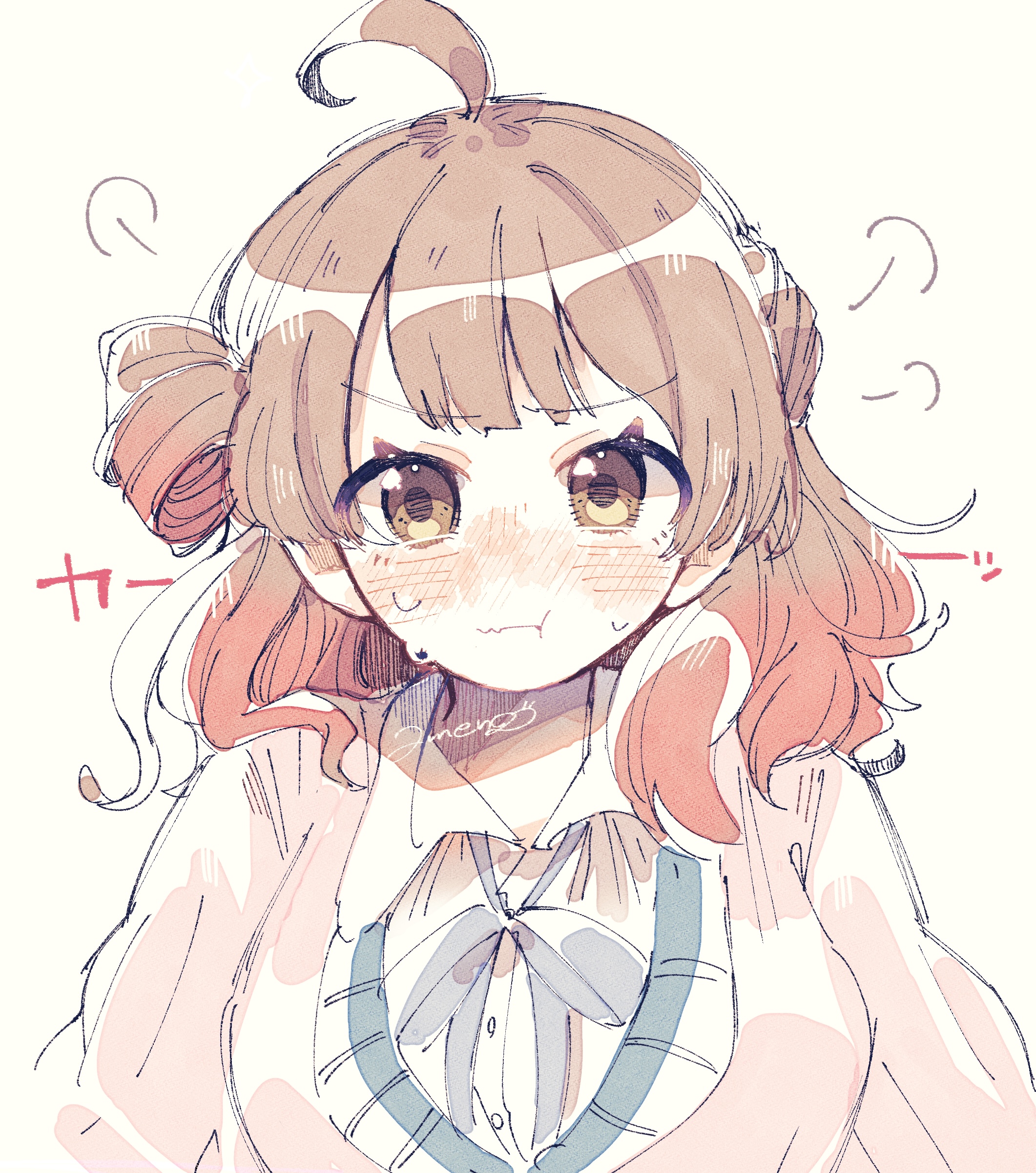 suzugaeru, hanami ume, gakuen idolmaster, idolmaster, absurdres, commentary request, highres, 1girl, :t, ahoge, blue ribbon, blush, brown hair, cardigan, gradient hair, hatsuboshi gakuen school uniform, looking at viewer, multicolored hair, neck ribbon, nose blush, orange hair, pout, puff of air, ribbon, school uniform, shirt, simple background, solo, sweatdrop, upper body, white shirt