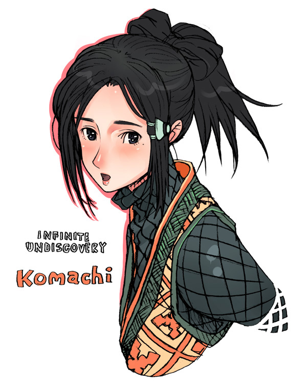 g-room honten, komachi (infinite undiscovery), infinite undiscovery, 1girl, black hair, blush, bow-shaped hair, character name, copyright name, ninja, ponytail, portrait, upper body